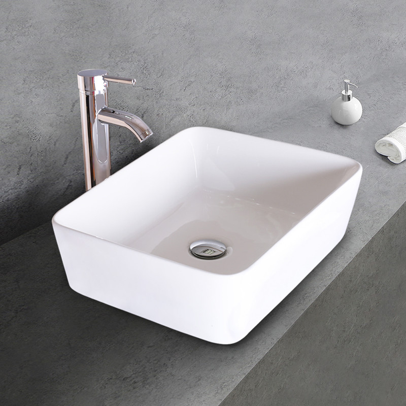 Bathroom Ceramic Vessel Sink White Rectangle Faucet Bowl Pop Up Drain Top Combo