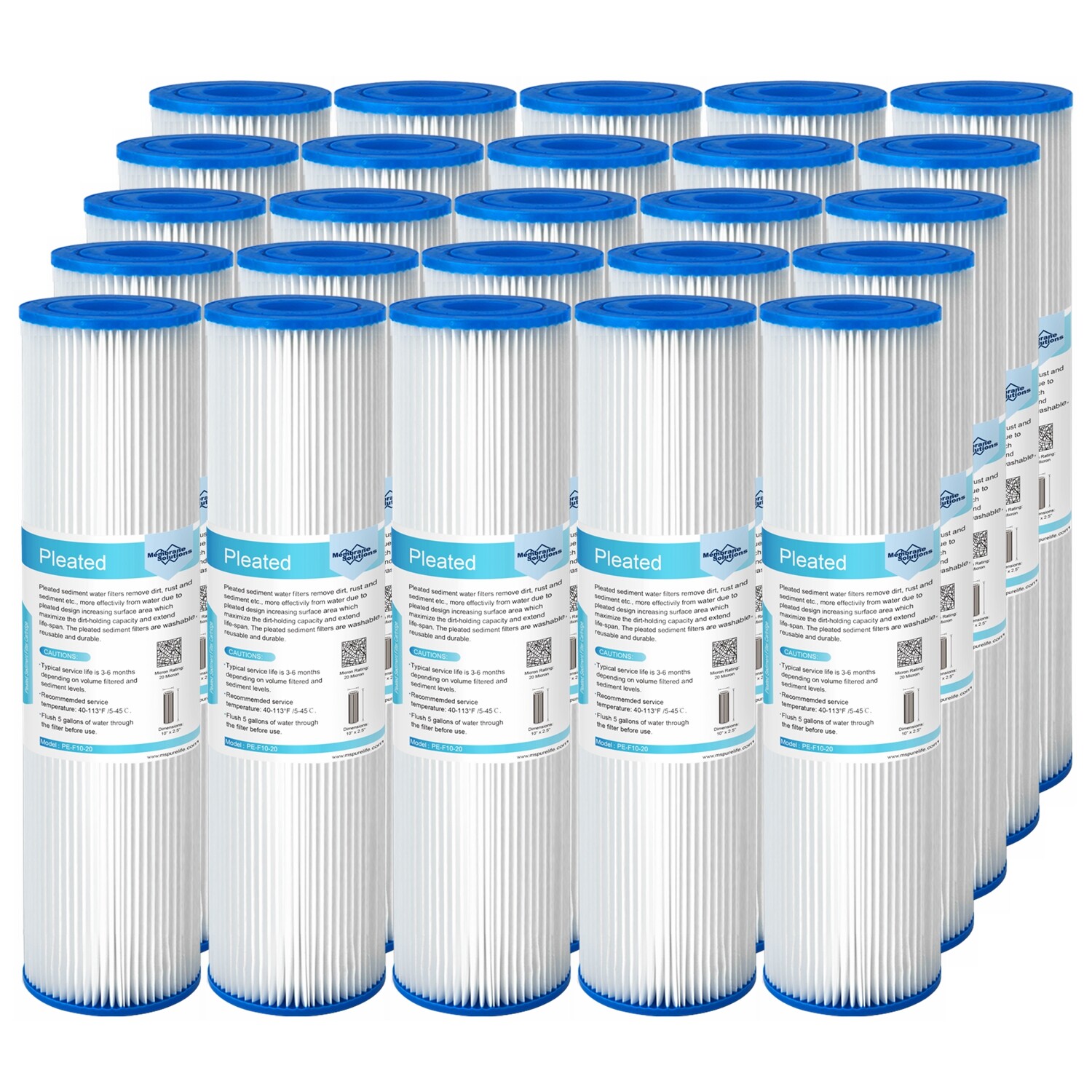 10″x2.5″ 5/20/50 Micron Washable Pleated Sediment Water Filter Cartridge 25 Pack