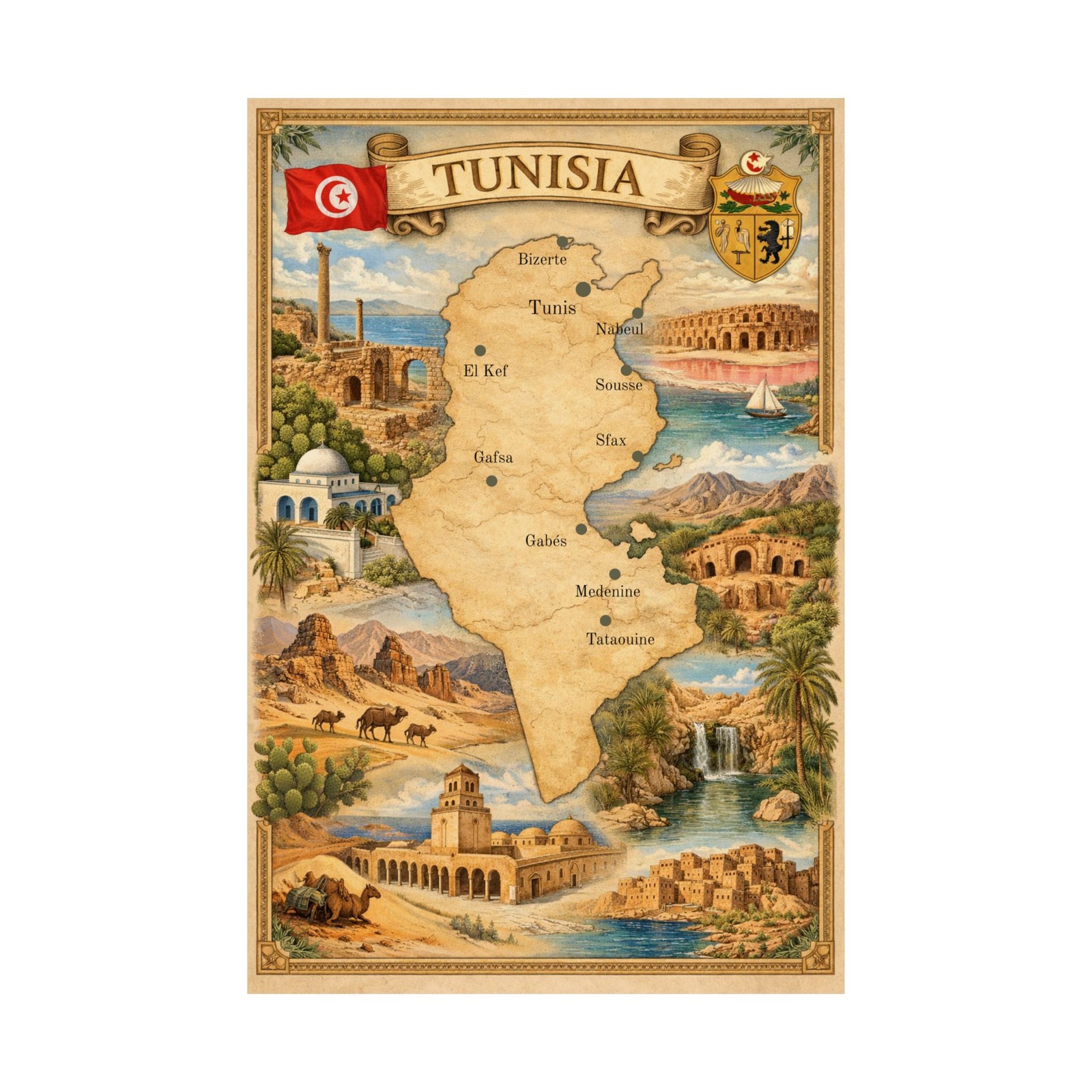 Tunisia Map Poster | Tunisia Travel Wall Art