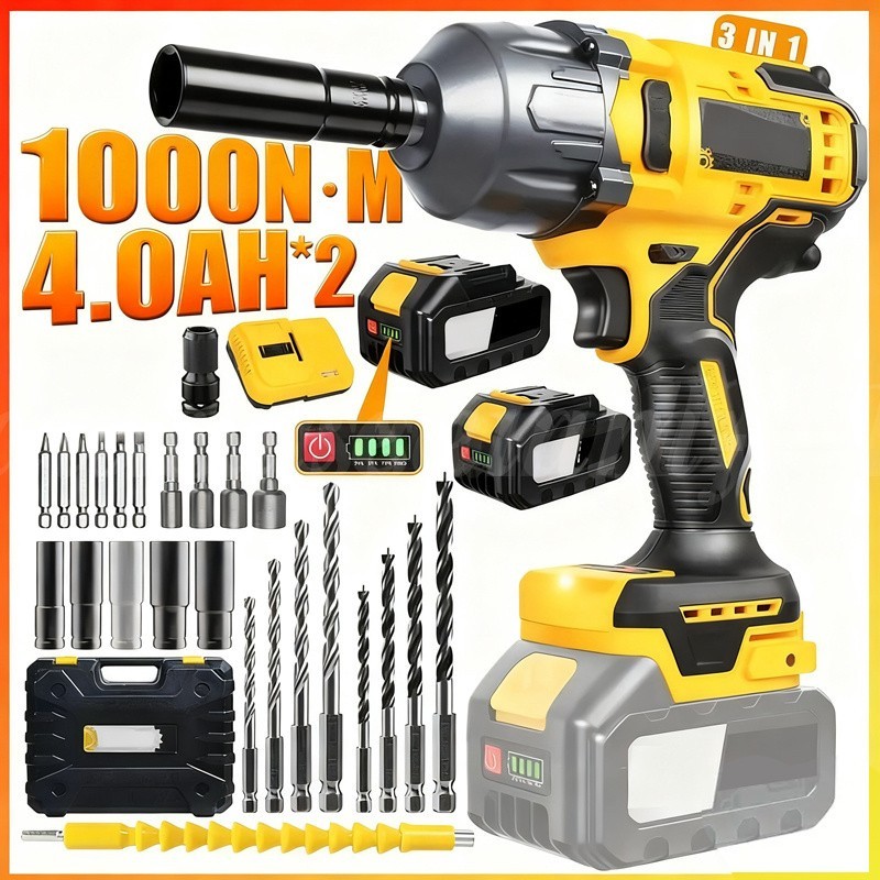 Cordless Impact Wrench 1/2″ 1180 Ft-lbs(1000 N.m) Drill W/ 4000mAh Battery NEW