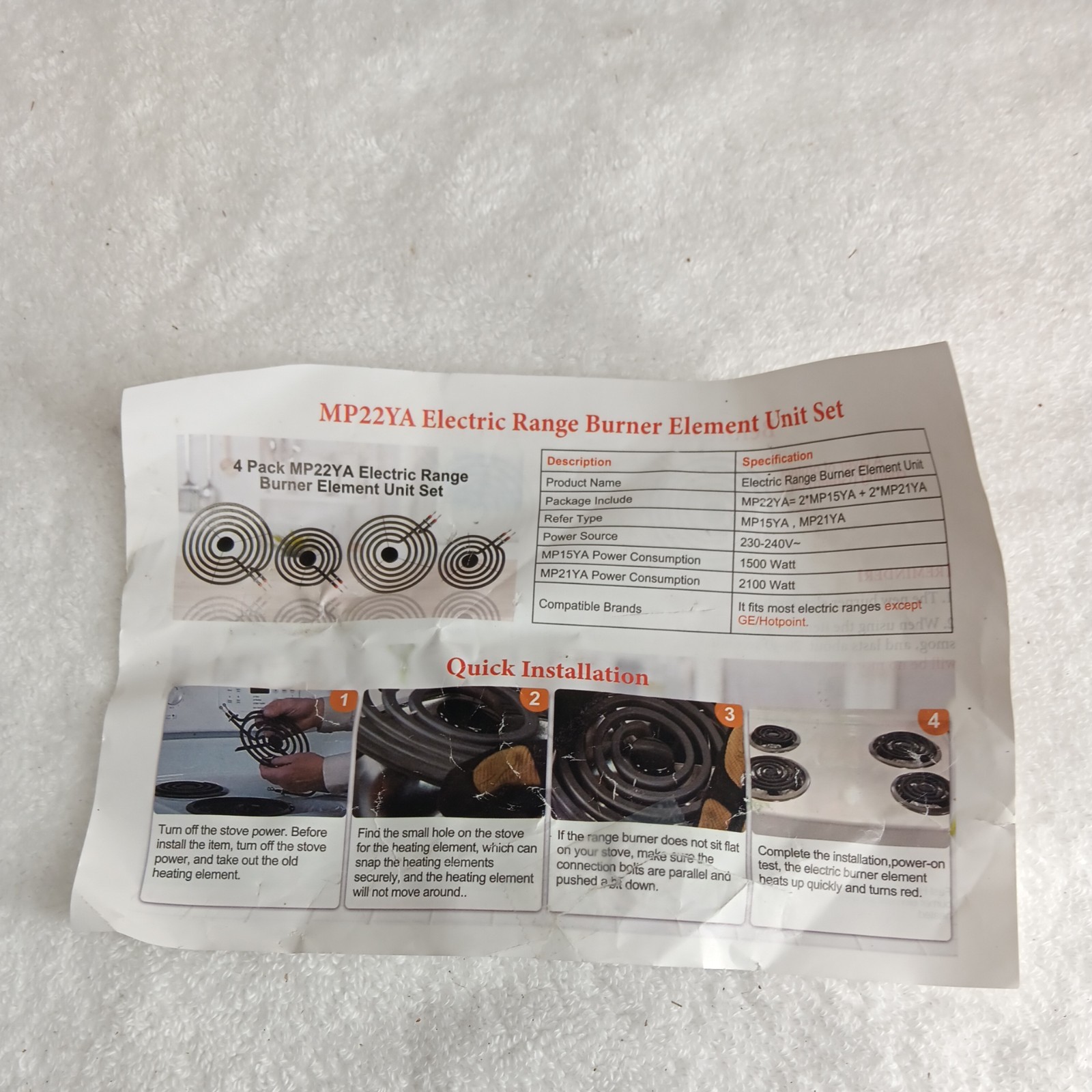 4 Pack MP22YA Electric Range Burner Element Unit Set – 2 pcs MP15YA 6″ and 2 …