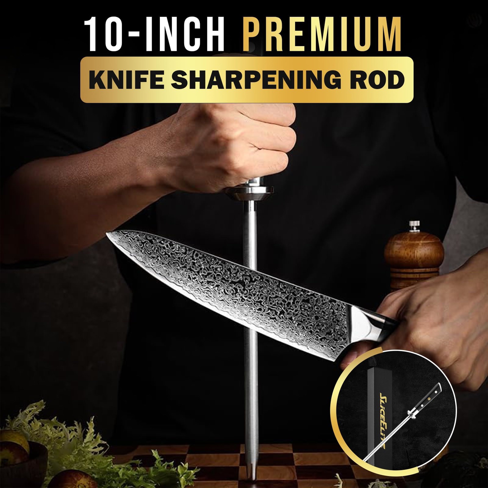 SliceElite 10″ Diamond Knife Sharpening Rod – 600 Grit, G10 Handle