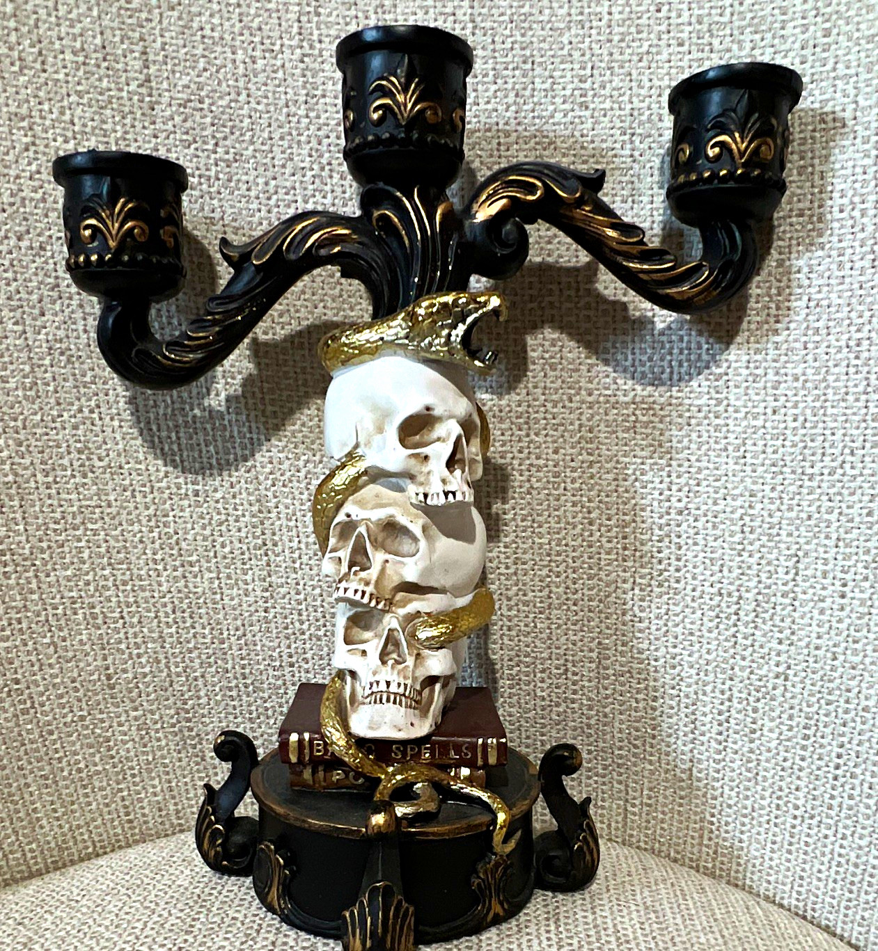 Gothic Skull Snake 3-Arm Resin Candelabra Taper Holder Free Standing