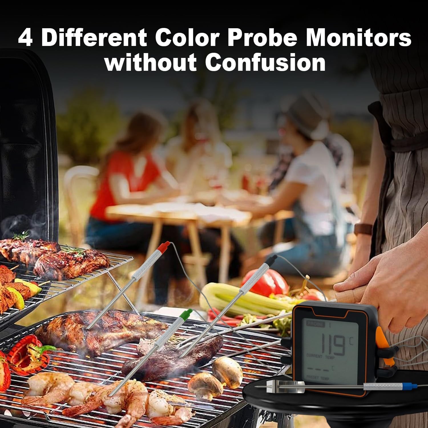 Digital Meat Thermometer with 4 Probes, 328FT Wireless BBQ Food Thermometer,