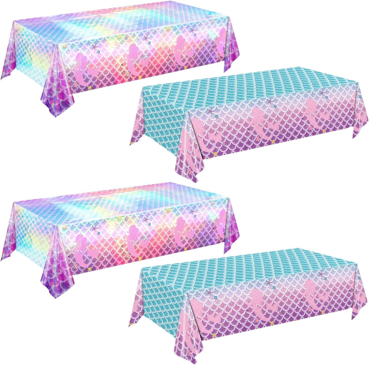 NKPDAXM 4 Pack Mermaid Tablecloth Mermaids Laser Table 54×108 inches,