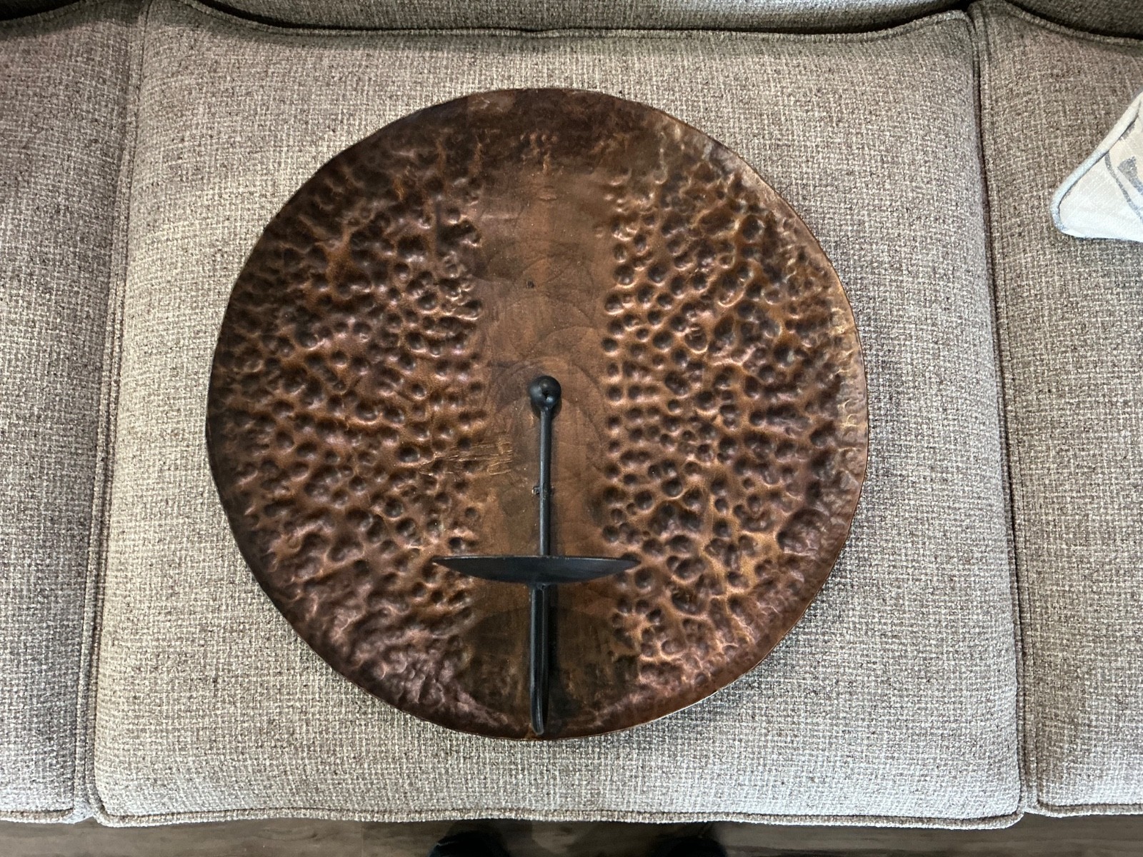 Rustic Hammered Metal Copper Colored Hanging Wall Candle Sconce Round 15” EUC