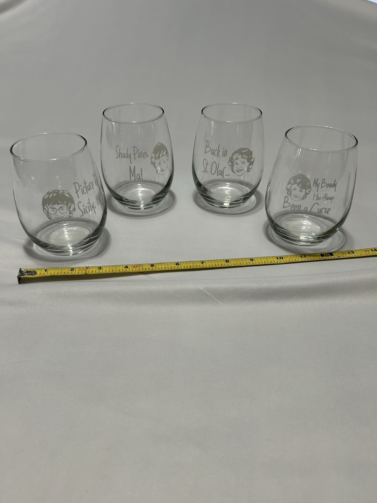Golden Girls Etched Clear Glass Stemless Wine Glass Round Set Four-Piece Design