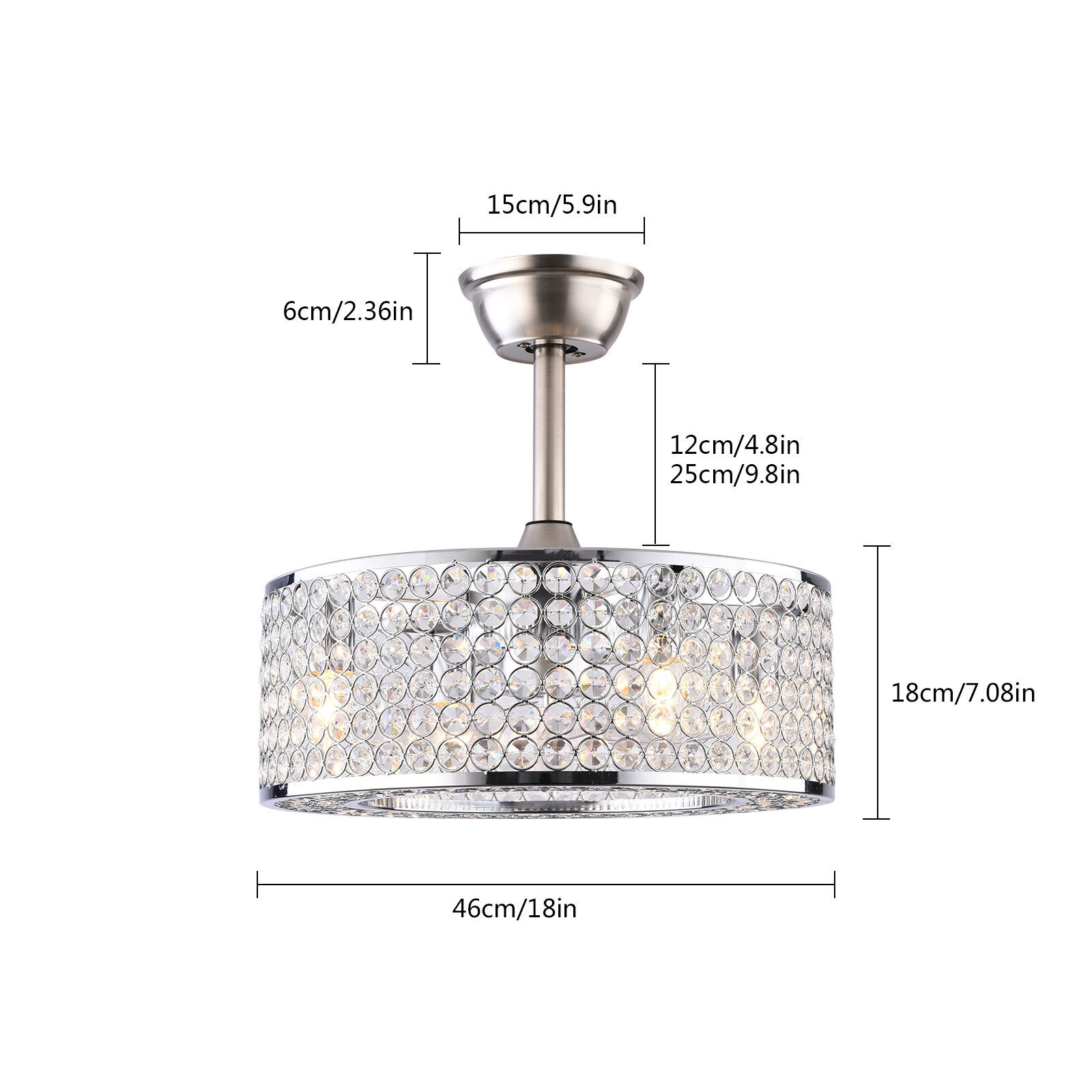18″ Flush Mount Ceiling Fan Light Bladeless Crystal LED Chandelier Fan w/Remote