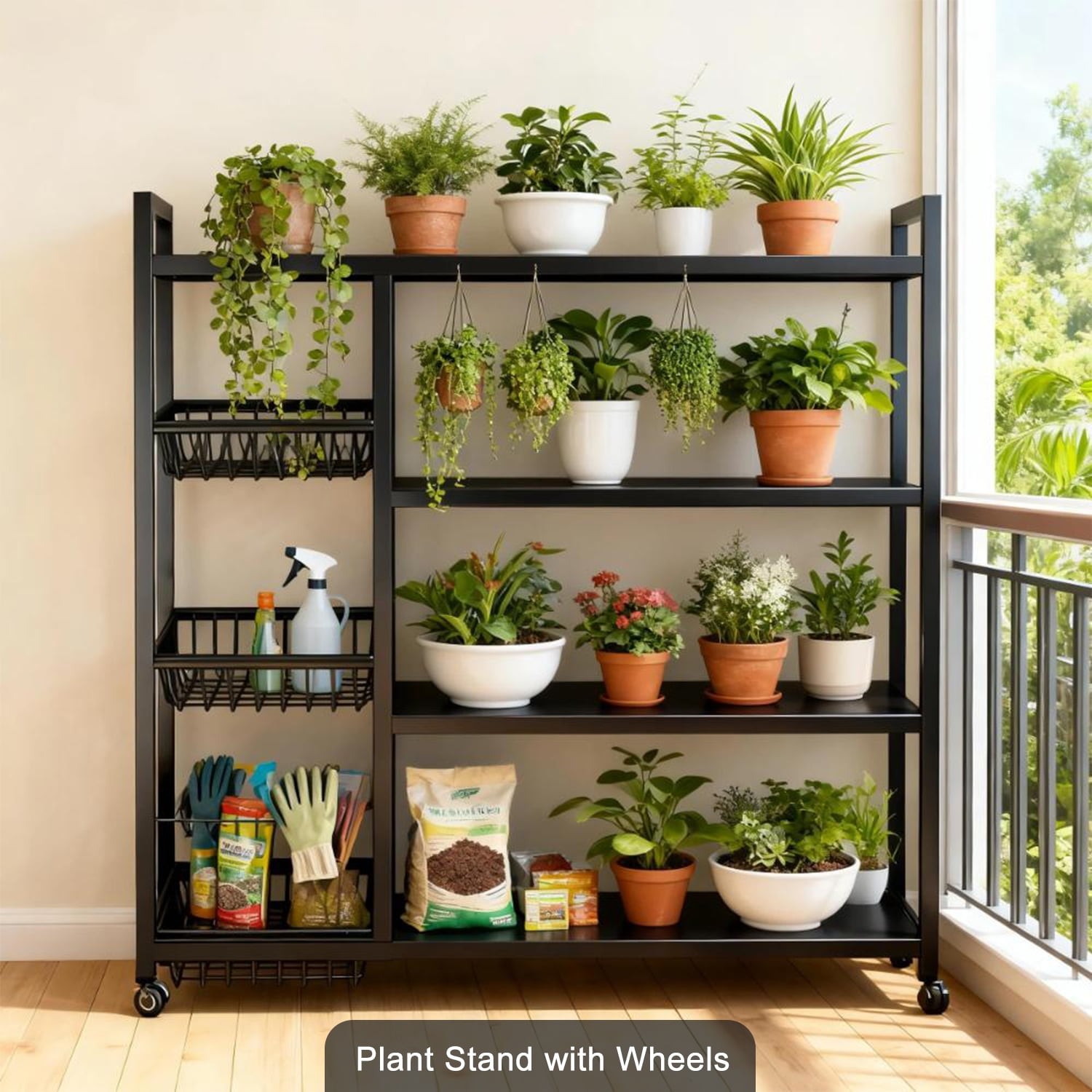 4 Tier Kitchen Storage Rack with Wheels, Adjustable Metal Shelving Unit Utility