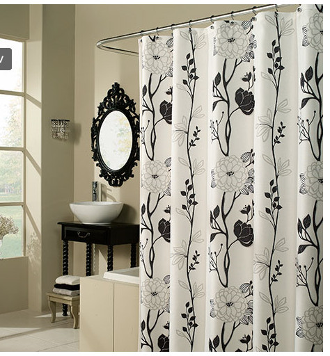 Black and White Flower Fabric Shower Curtain