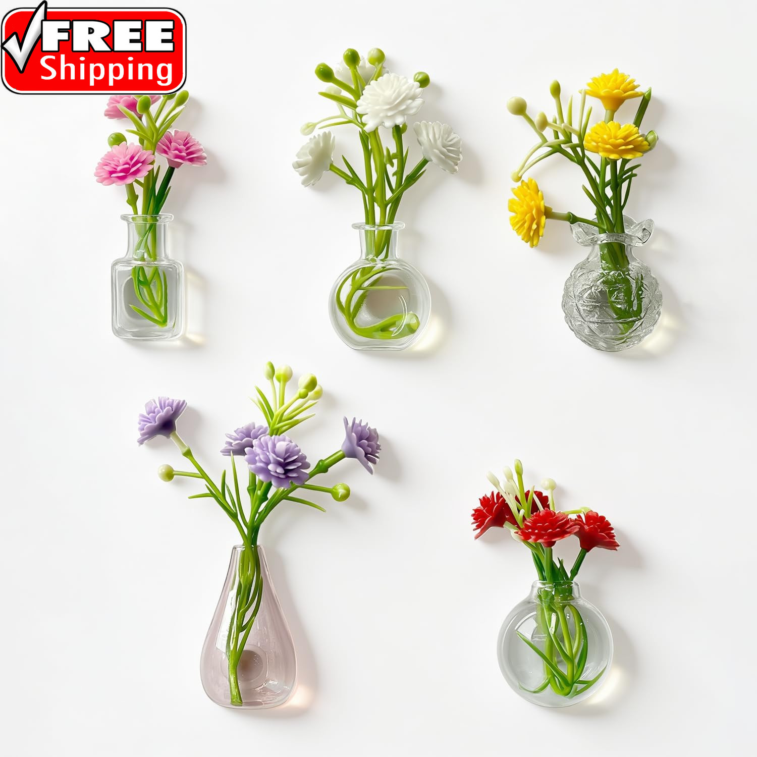 5 Pack Mini Vase Fridge Magnets, Tiny Glass Magnetic Plant Pots for Real Flowers