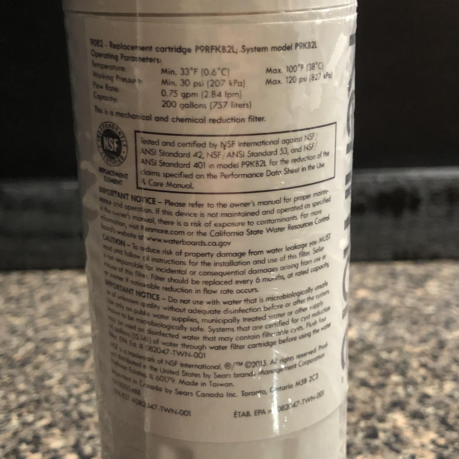 Kenmore 9082 Replacement Refrigerator Water Filter Cartridge P9RKB2L P9KB2L