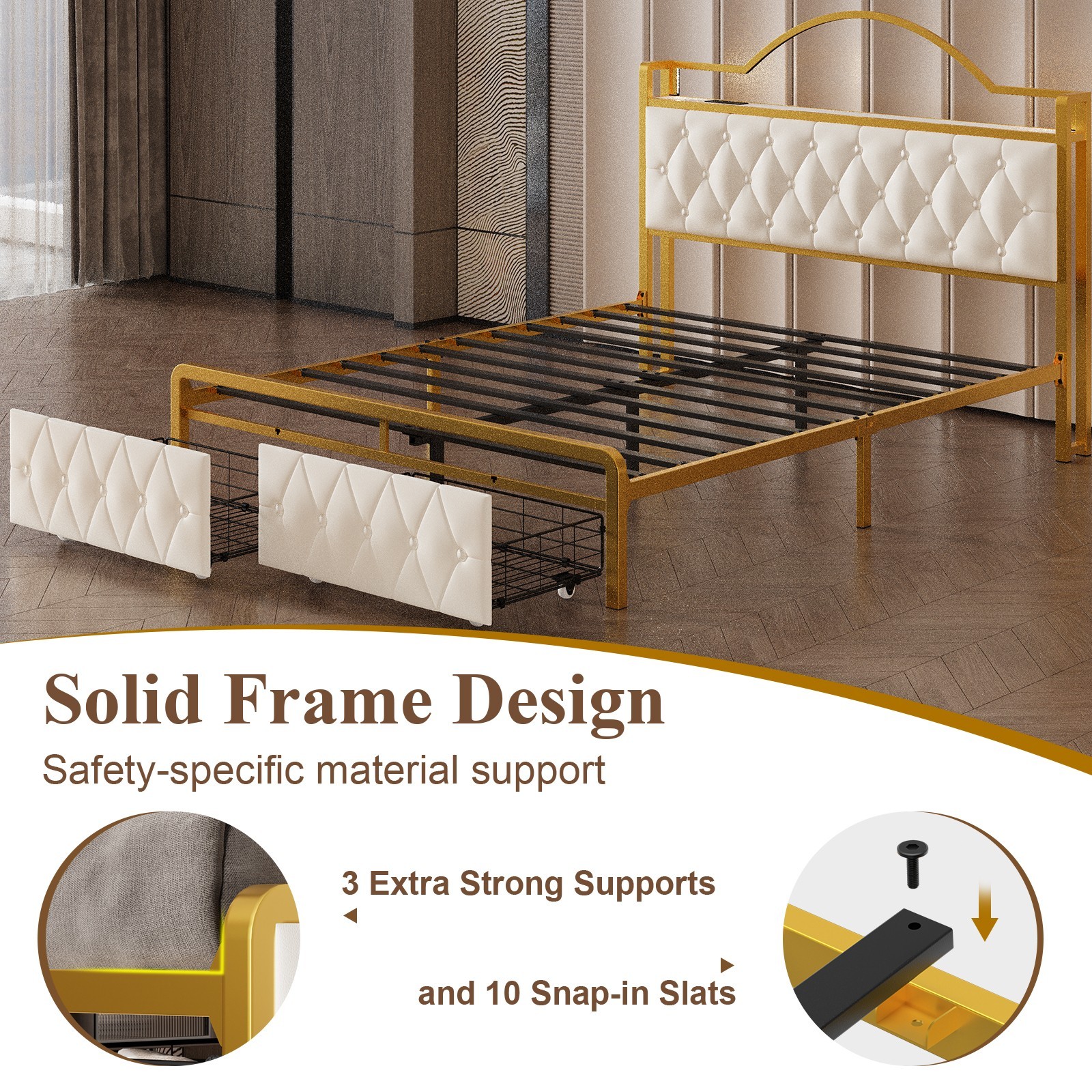 Upholstereded Bed Frame with 2 Storage Drawers, LED Lights,With Charging Station