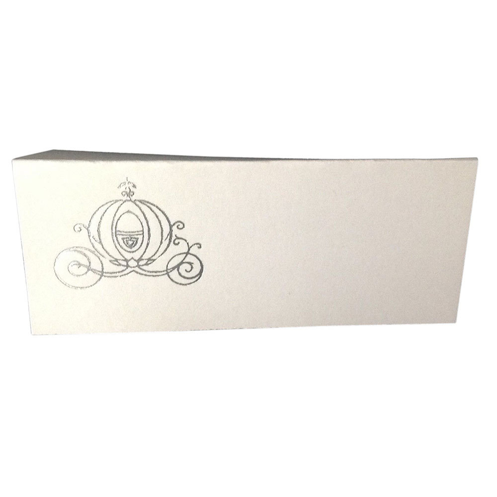 75 Silver Cinderella Carriage Tent Style White place cards 4.25″ x 1.75 folded
