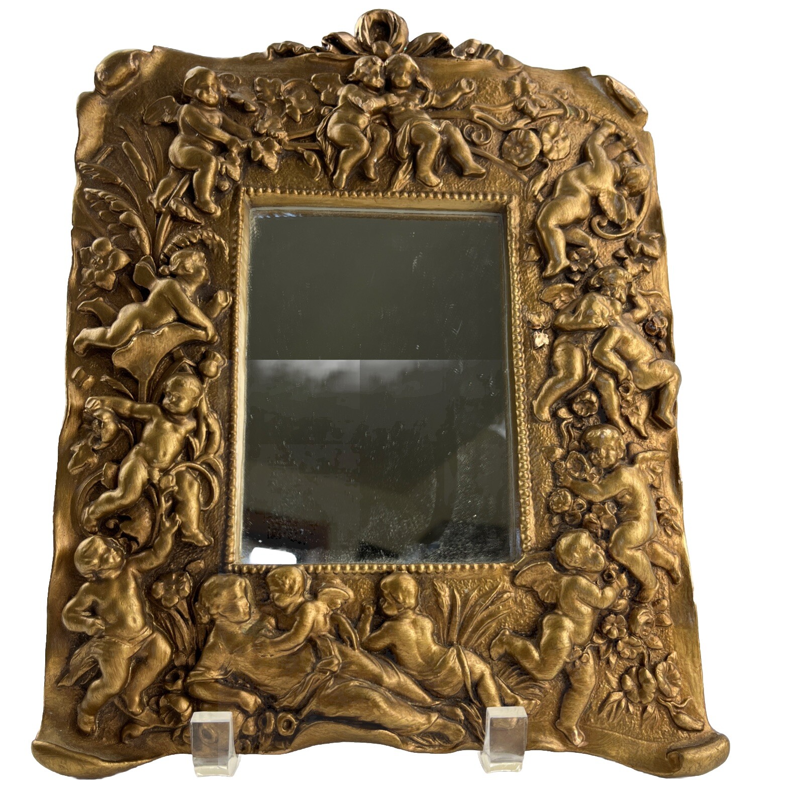 Gargoyles Studio Ornate Cherubs & Flowers Gold Metal Table Mirror 11×8.5 Vintage