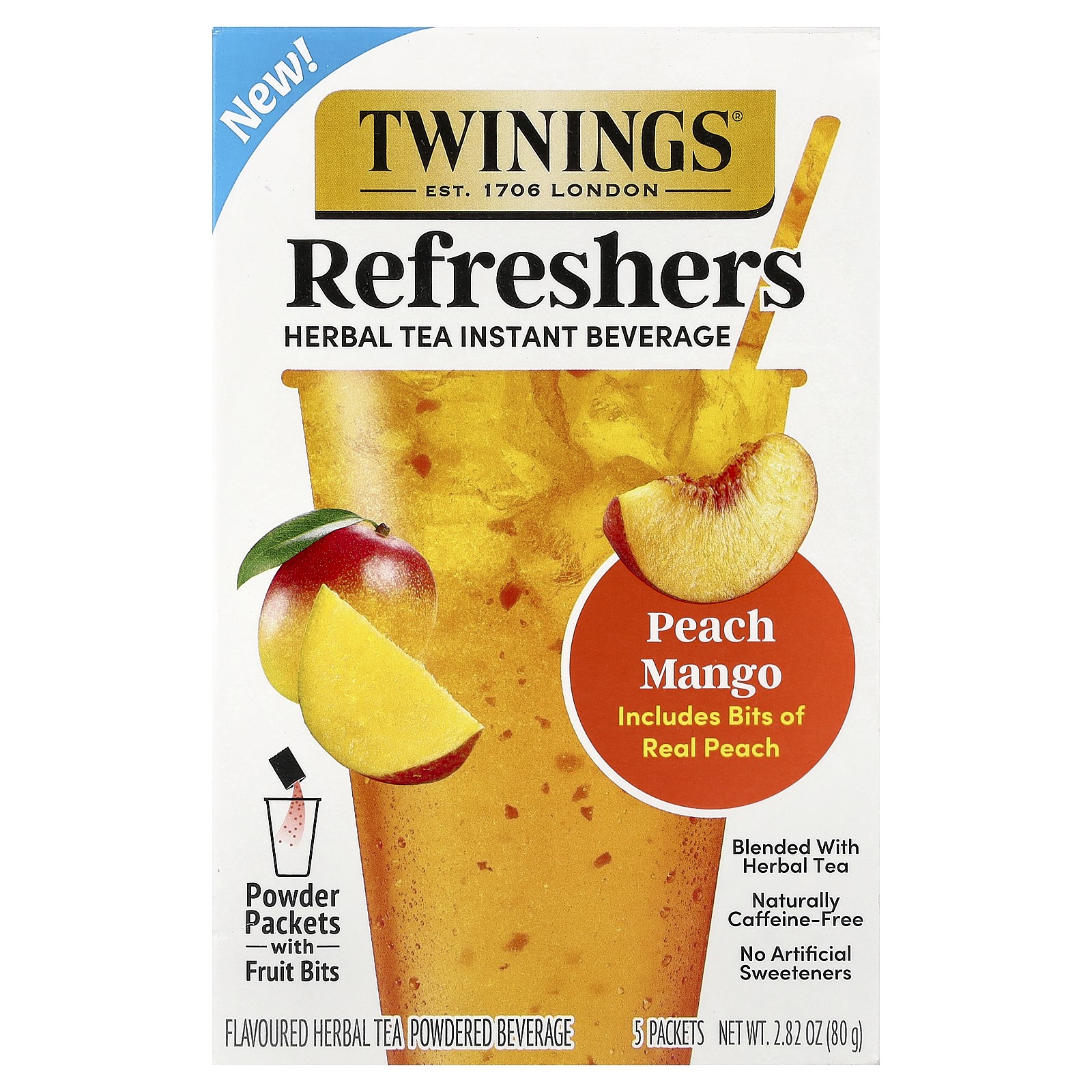Refreshers, Herbal Tea Instant Beverage, Peach Mango, Caffeine Free, 5 Packets,