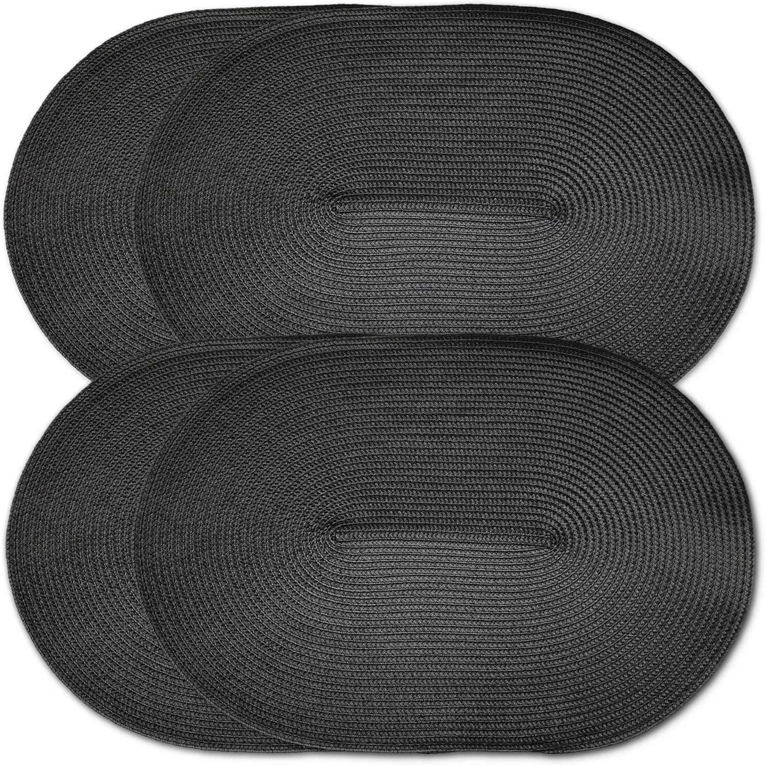 Oval Braided Woven Polypropylene Plastic Placemats (Black), Set of 4
