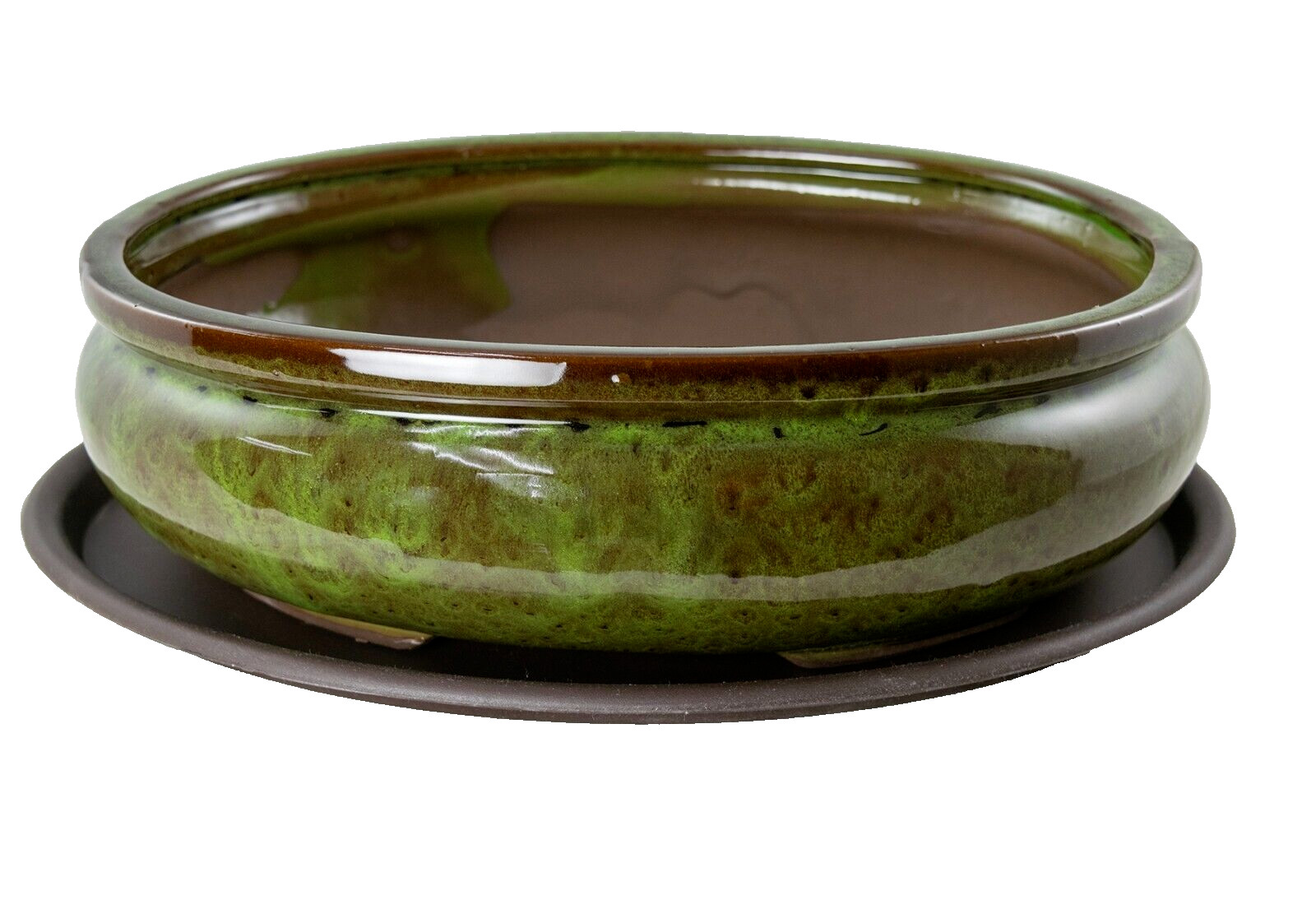Oval Glazed Bonsai / Succulent Pot + Tray + Mesh 12″x 8.5″x 3.75″ – Moss Green