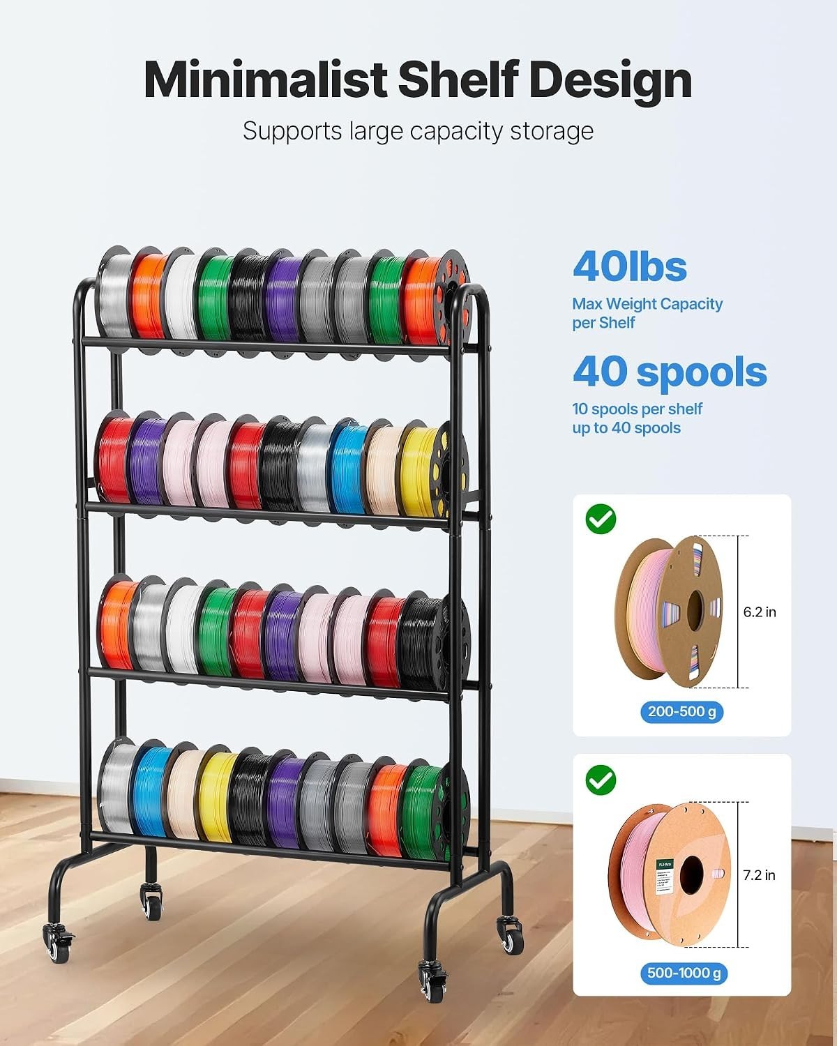 3D Printer Filament Storage Rack, 4 Tier Heavy Duty Storage Shelf, Rolling Fi…