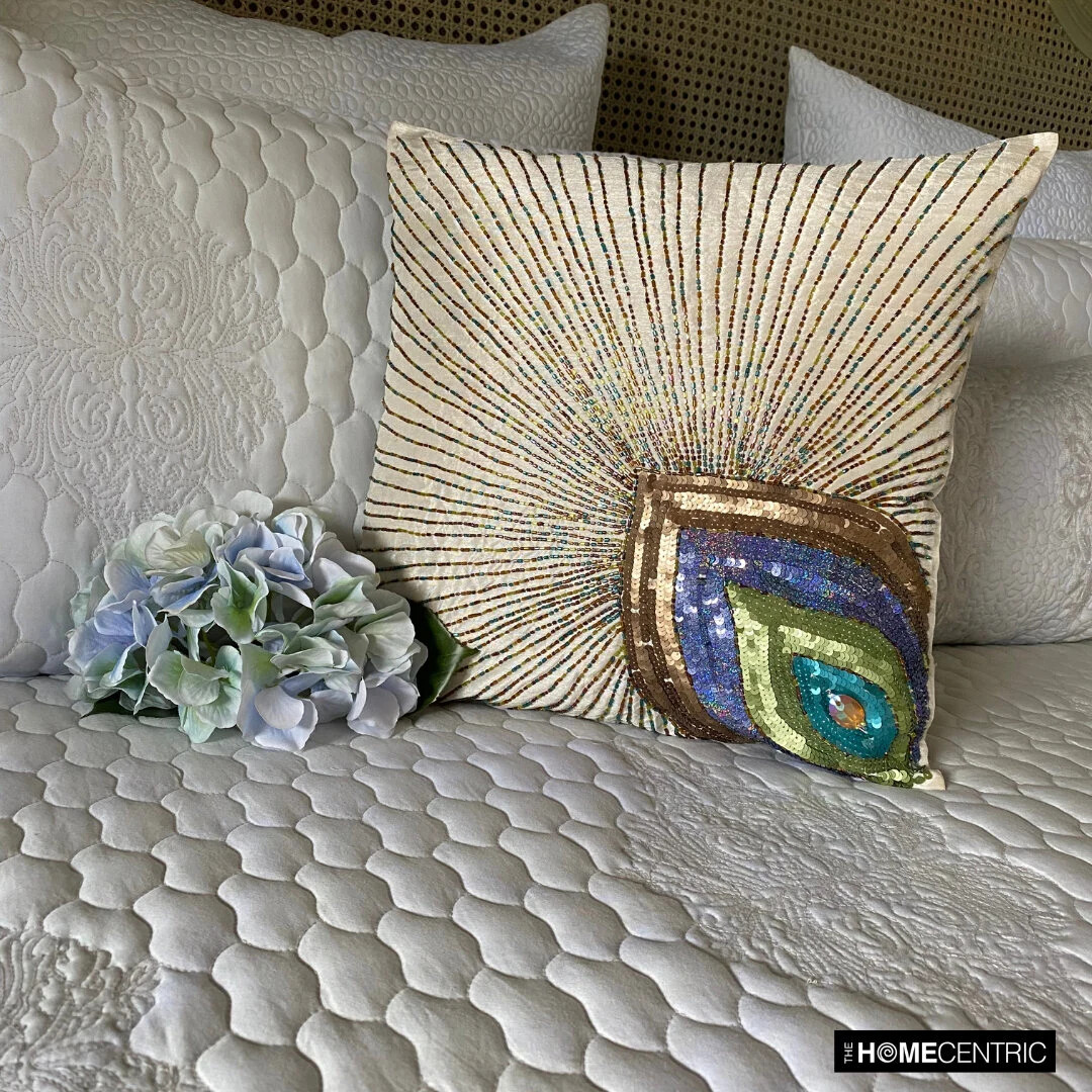 Decorative Throw Pillow Cover Ivory 16″x16″, Room Decor Silk – Peacock Beauty