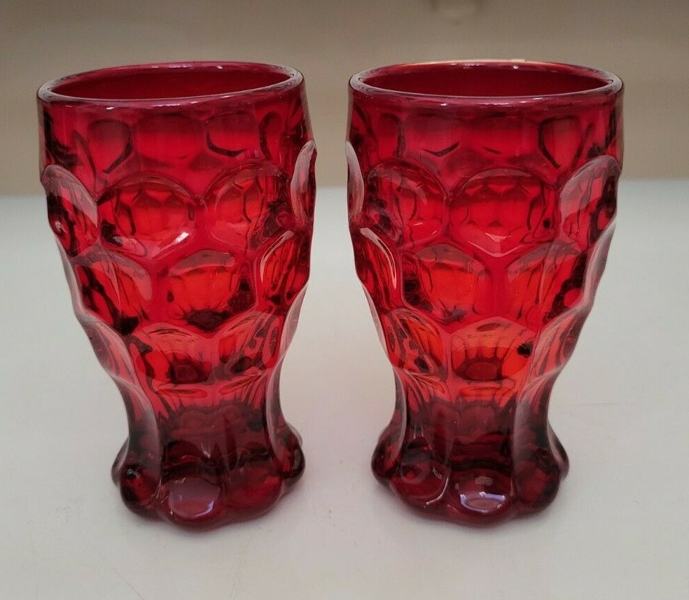 2 RUBY RED VIKING GEORGIAN HONEYCOMB JUICE GLASSES 4.25 INCHES HOLDS 4 OZS