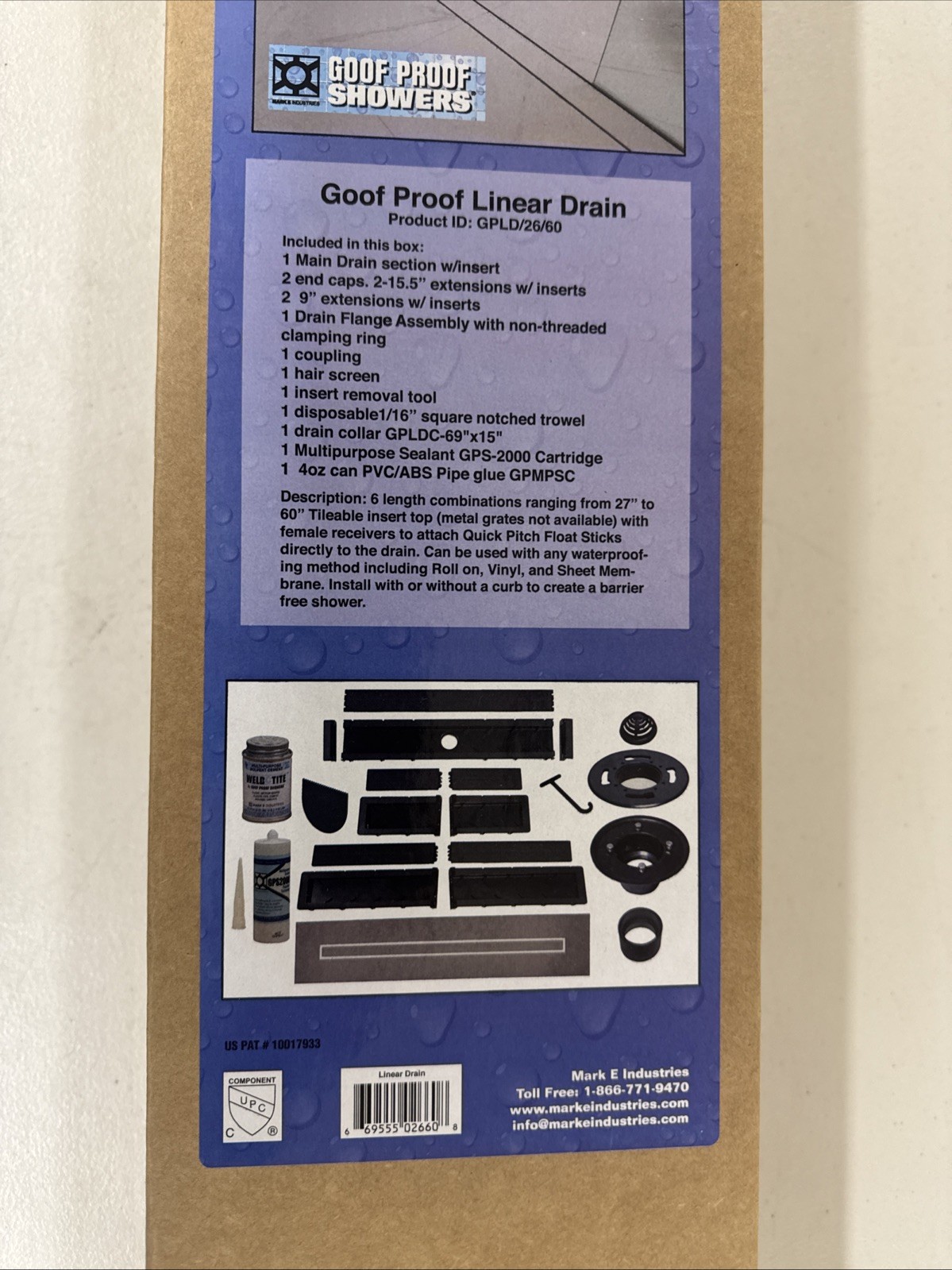 Goof Proof Tile Insert Linear Drain Adjustable 27″- 60″ by Mark E industries