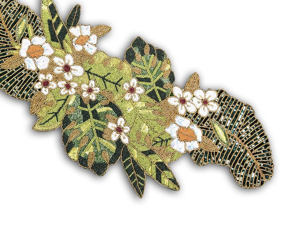 Handmade Beaded Table Runner Green Leaves Table Runner Luxury Tableware 13X36 In