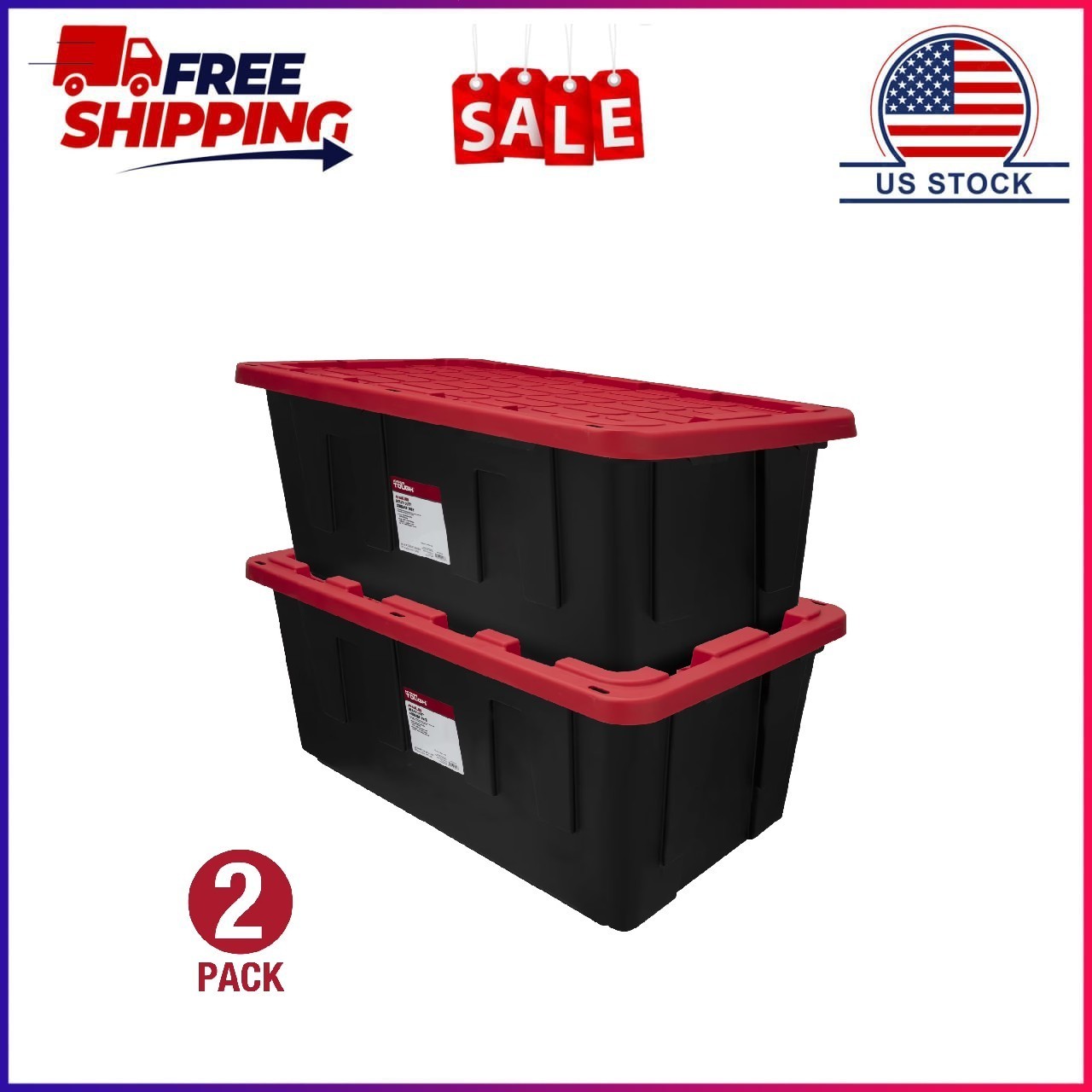 Hyper Tough 40 Gallon Storage Bin with Snap Lid, Pack of 2, Black and Red