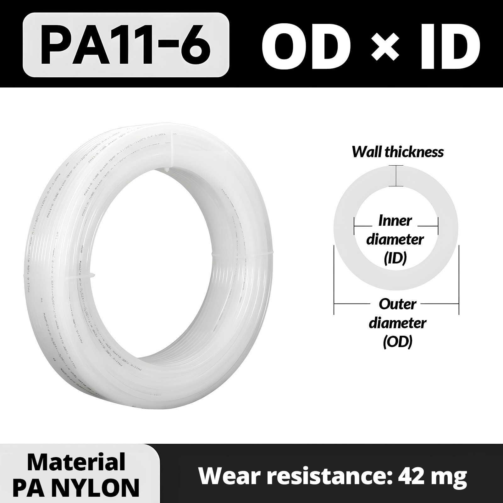 Polyamide PA11-6 Flexible Nylon Tube Hose Pneumatic Air Line Tubing ID 2MM-17MM