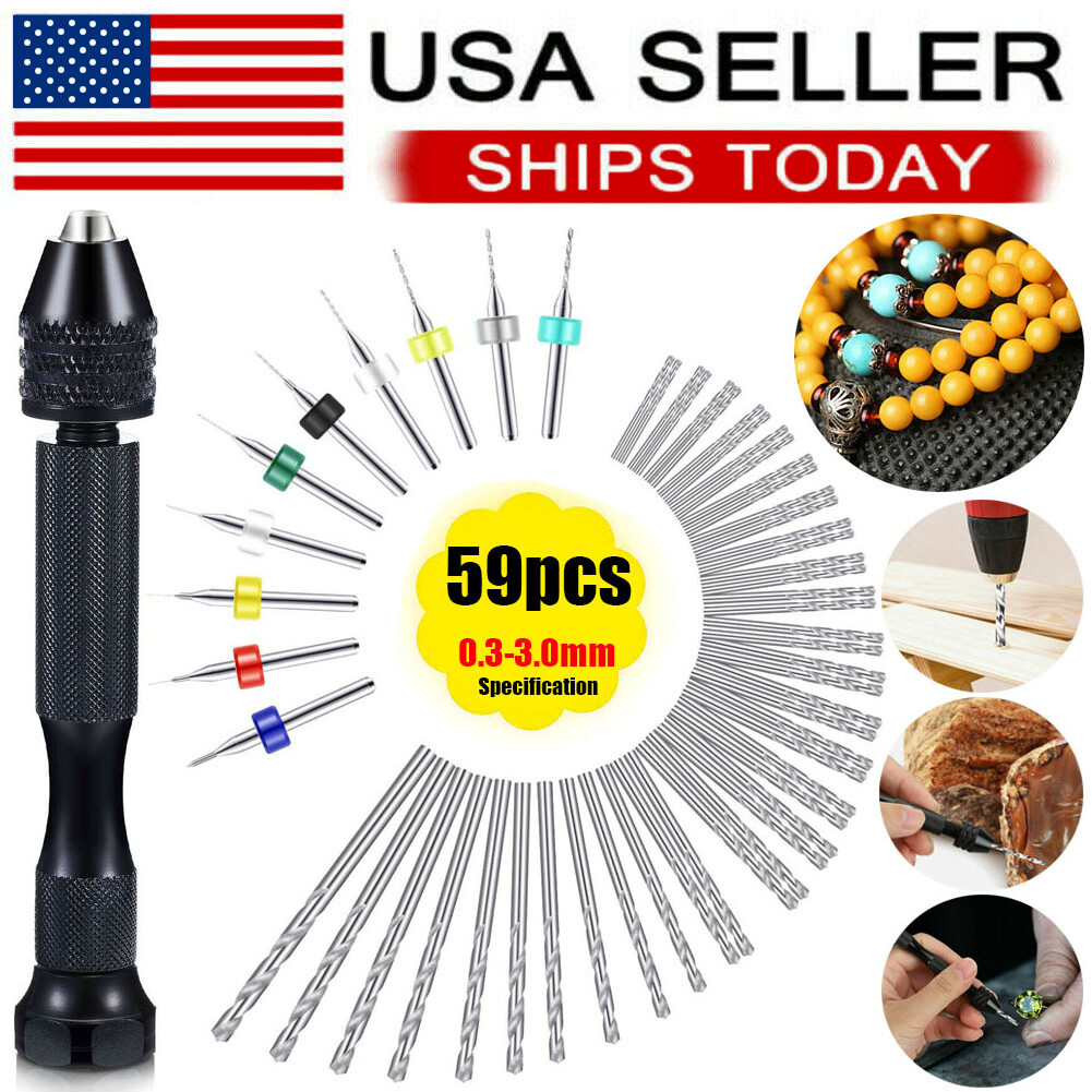 59 Pcs Mini Micro Hand Twist Drill Bits Set Rotary Precision Pin Vise Tools Kit