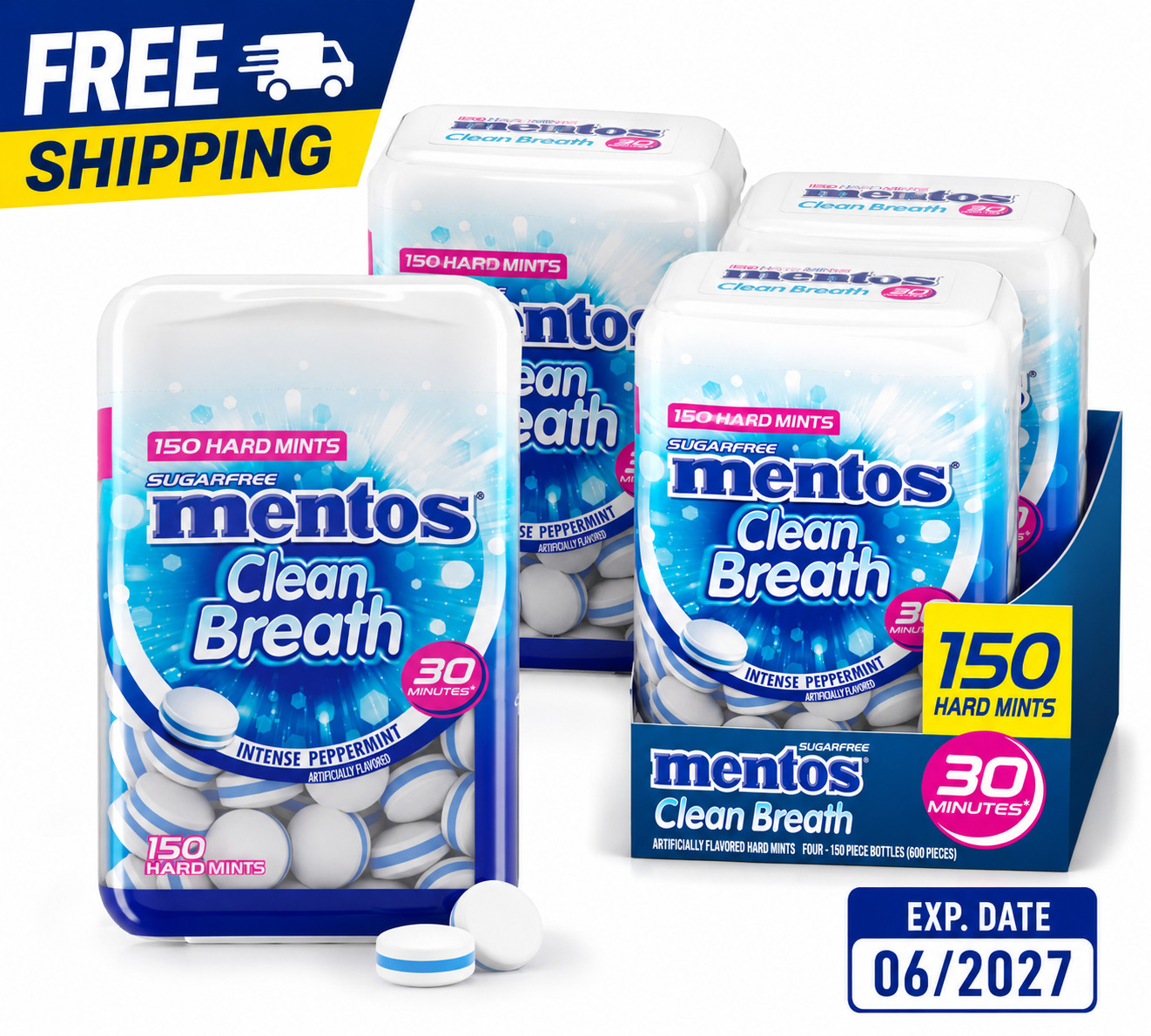 Clean Breath Sugarfree Hard Mint, 150Pc, Intense Peppermint (Pack of 4 Bottles)