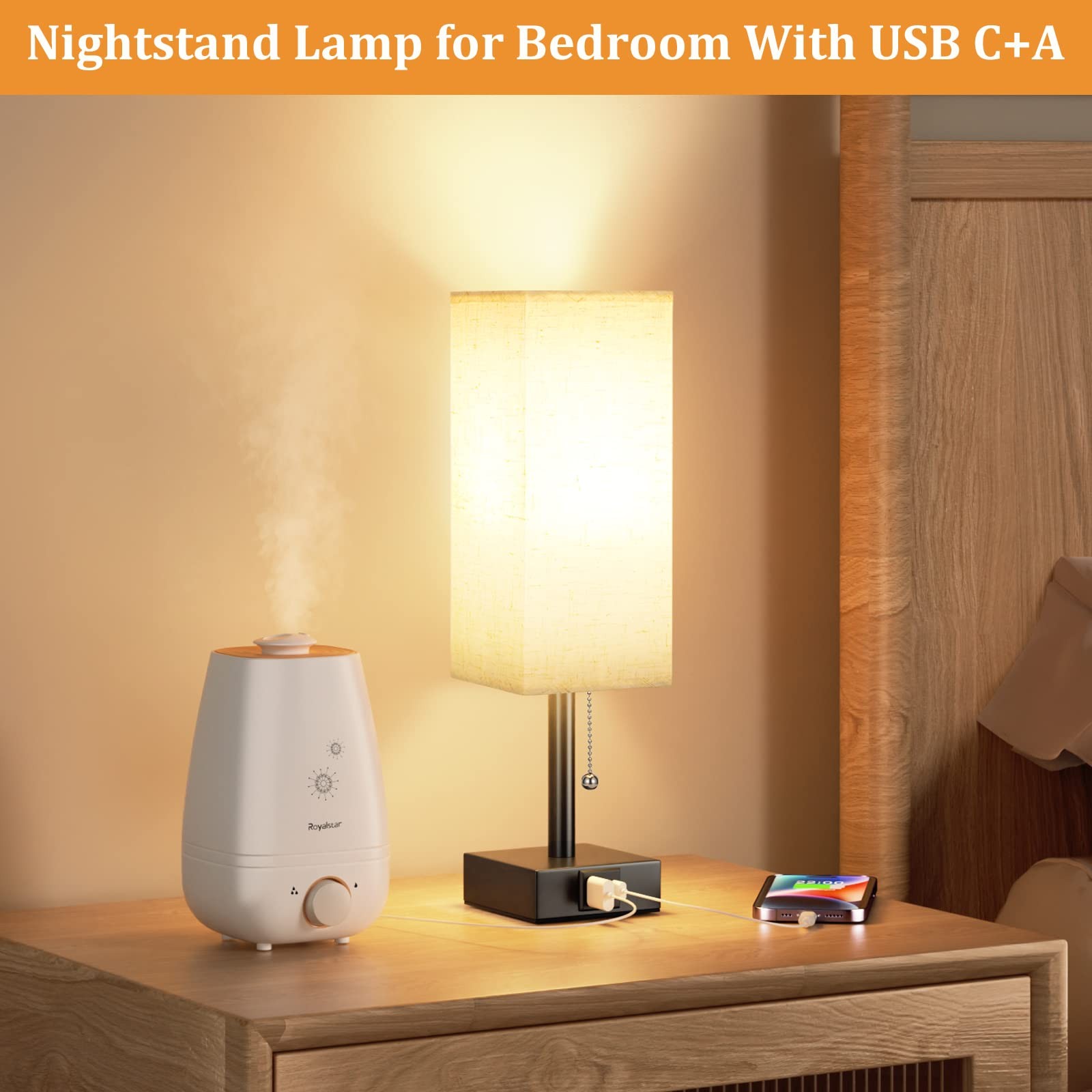 Bedside Table Lamp with 3 Color Temperatures – 14.3in, Beige & Black