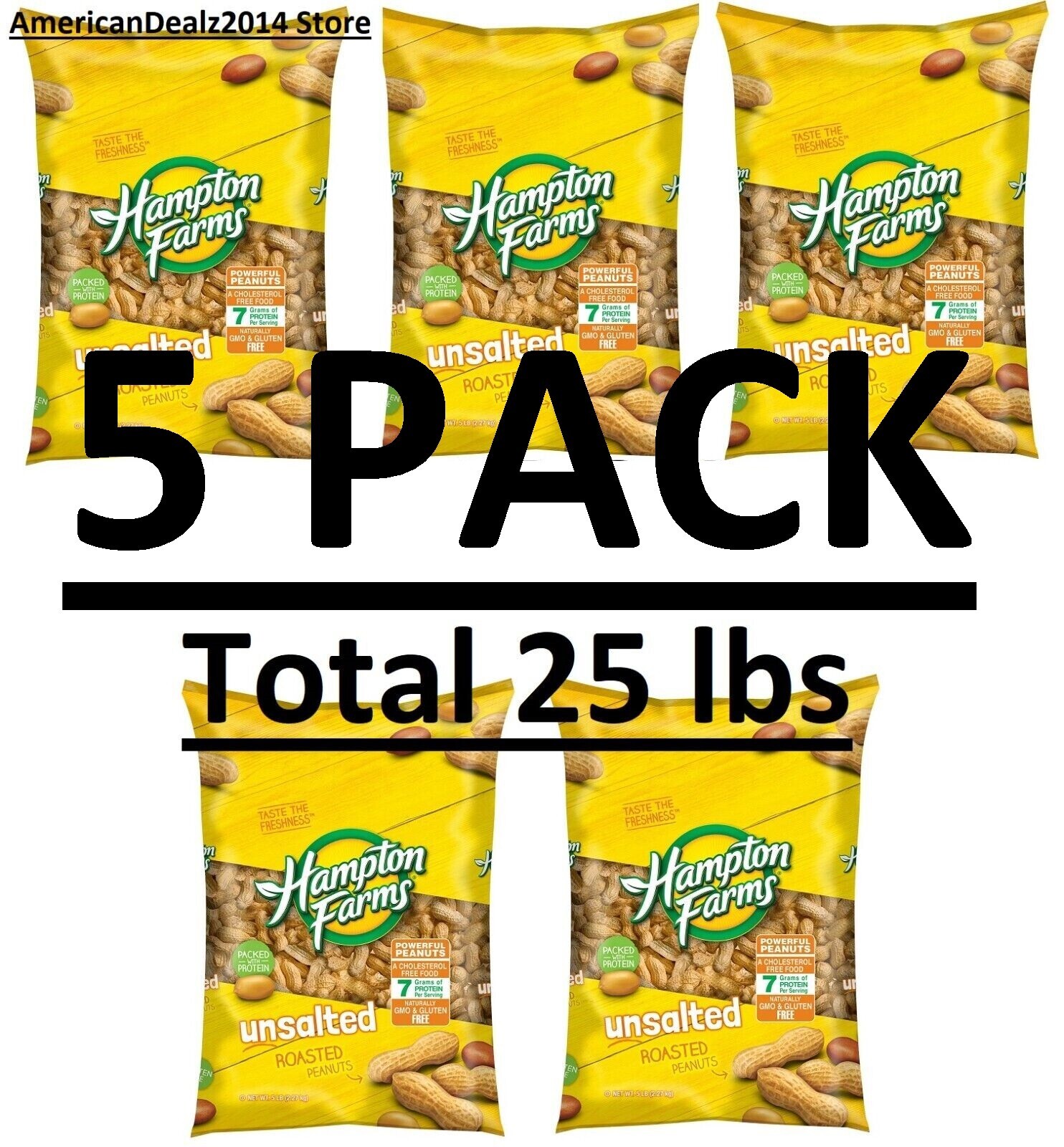 5 PACK – Hampton Farms Unsalted In-Shell Peanuts (5 lbs.) Total 25 lbs