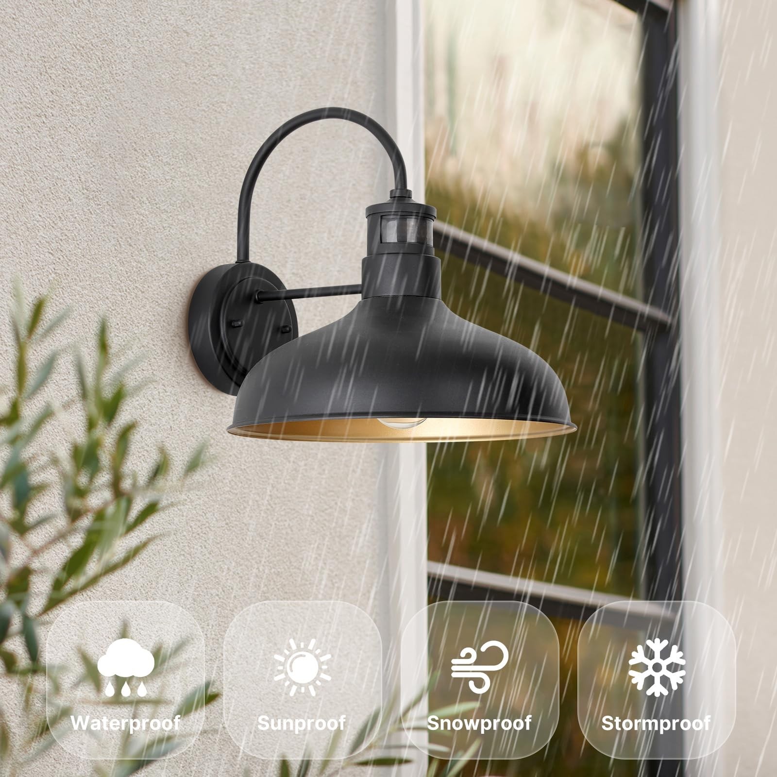 Aiwen HSMD2215-DN-L-BK-G 13.8 in. 1-Light Black Dusk to Dawn Outdoor Wall Sconce