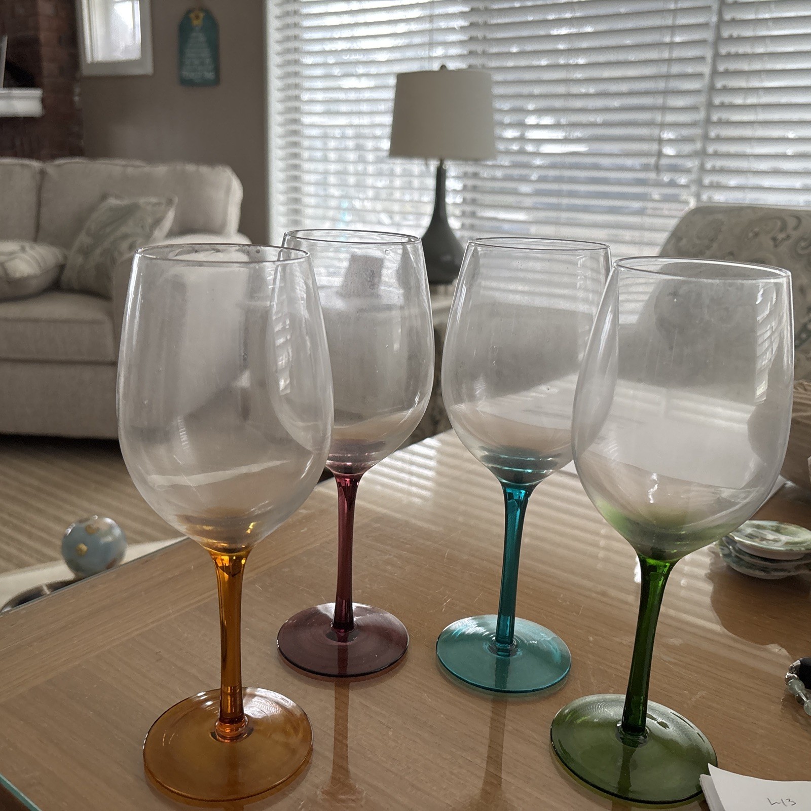 Pier One Imports Wine Glasses Set Of 4 Clear Red & Green , Blue And Orange