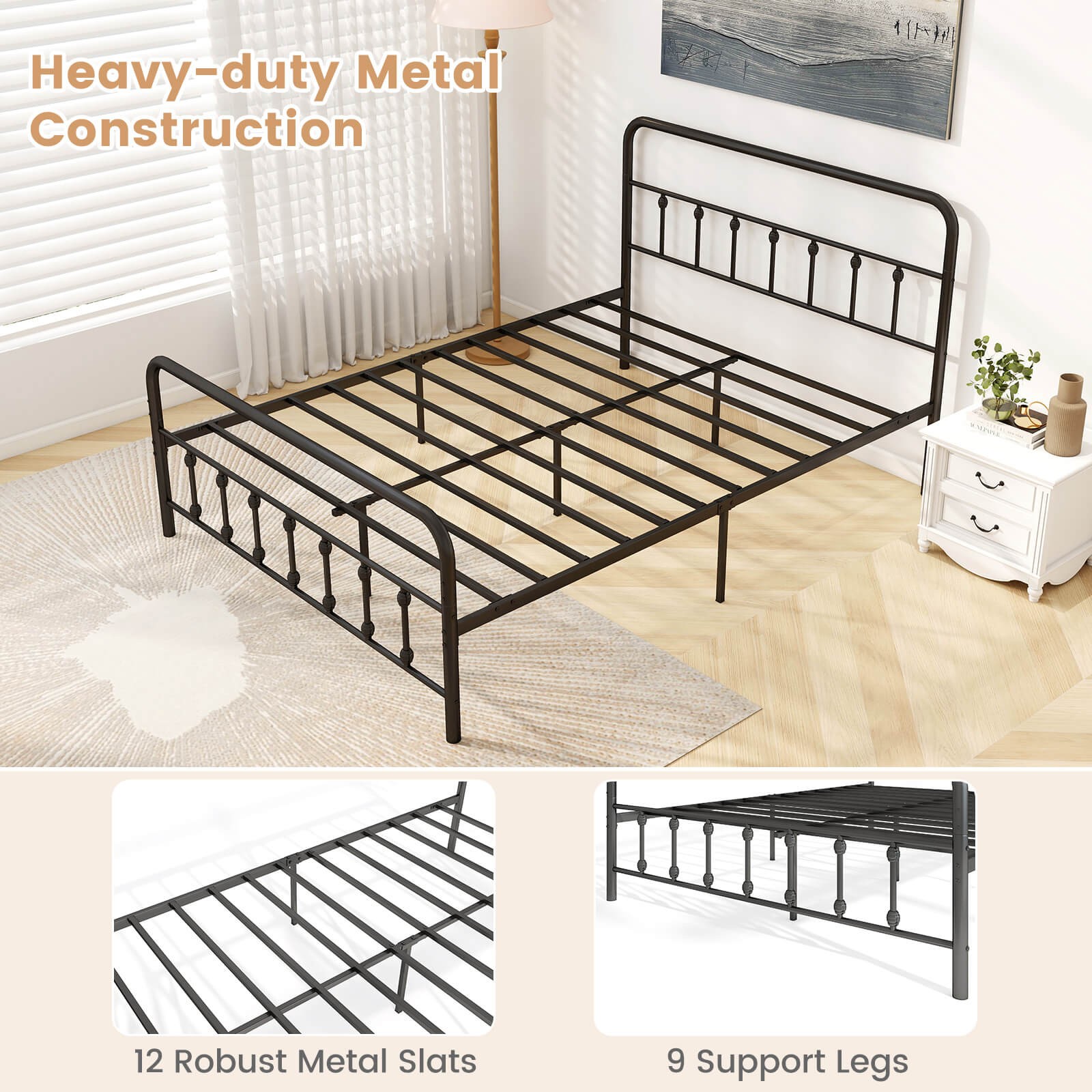 Queen Size Bed Frame with Headboard Under Bed Storage No Box Spring Needed Black