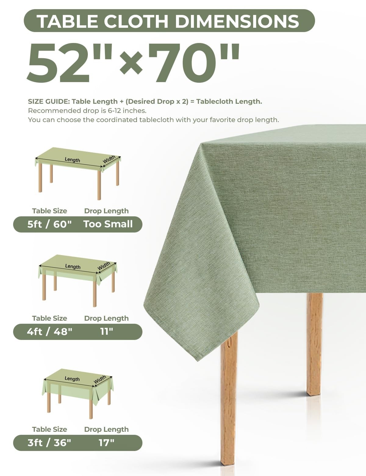 Waterproof Rectangular Tablecloth – Faux Linen, Washable, Farmhouse Style, 52×70