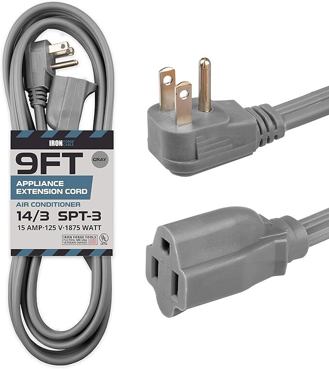 9 Ft Appliance Extension Cord Heavy Duty, Gray – 14 Gauge 3 Prong SPT
