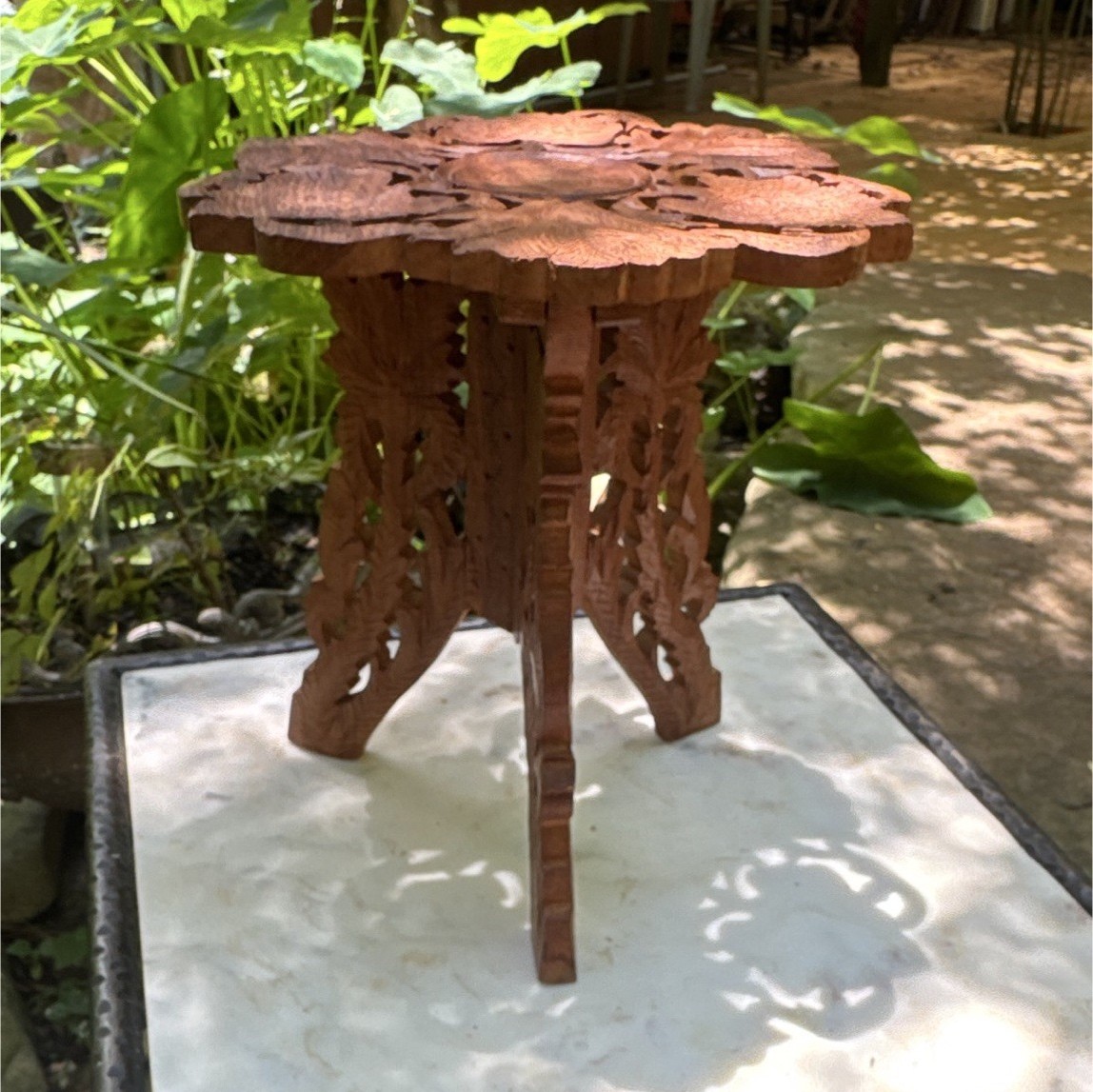 Carved Wood Round Pedestal Plant Stand, Brown Floral Top with Cutout Legs