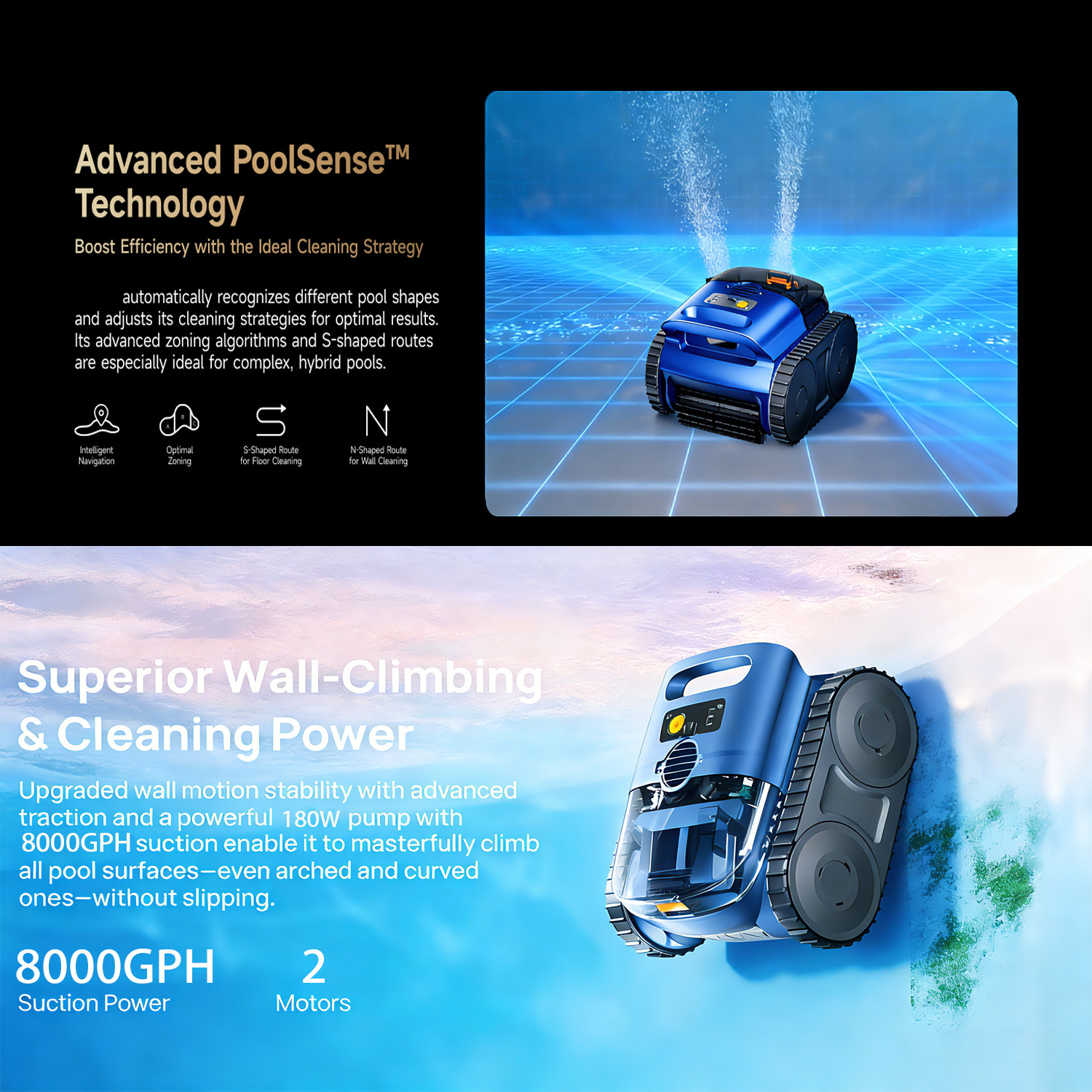 Cordless Pool Vacuum Robot for Inground Pools Auto Clean Floor, Wall & Waterline