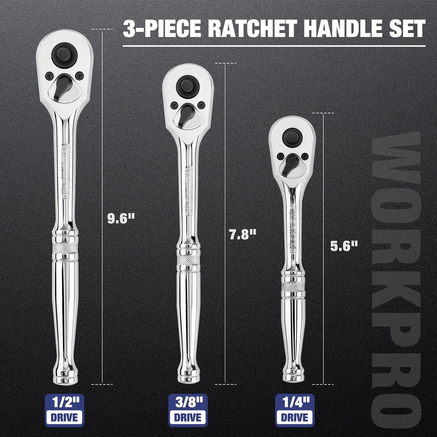 WORKPRO 3PCS Ratchet Set Quick Release 72-Tooth 1/4″ 3/8″ 1/2″ Dr Ratchet Handle
