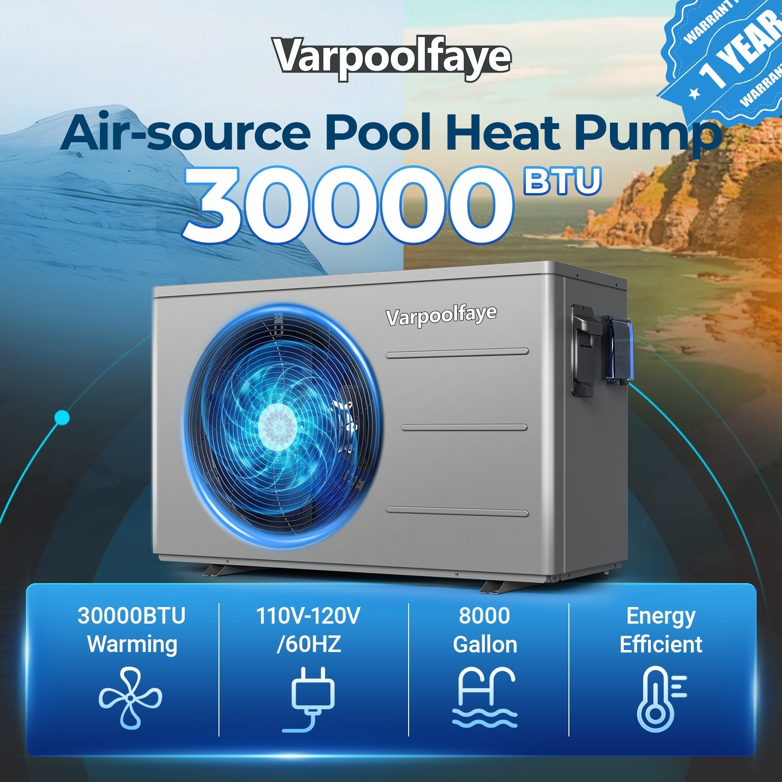 Varpoolfaye 120V Heat Pump Pool Heater Electric for Above Ground Pool 30,000BTU