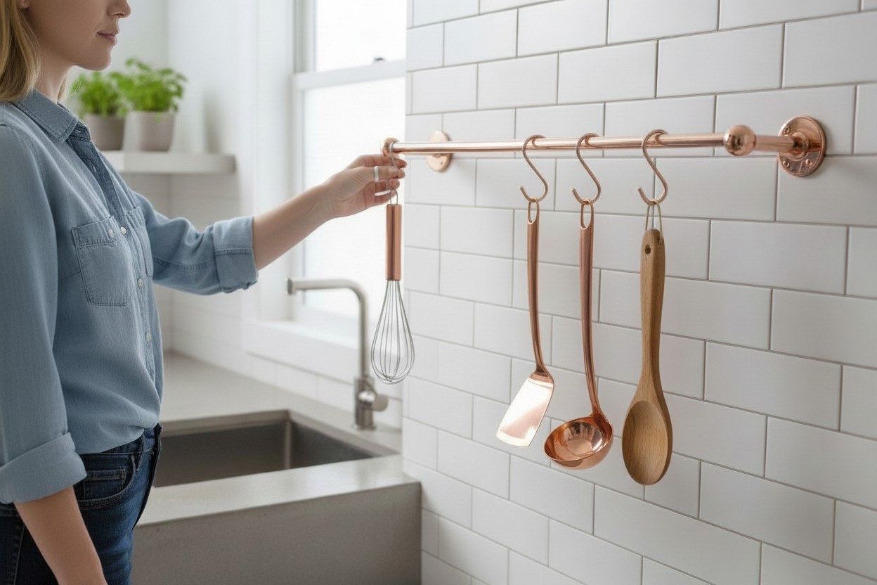 24 Inch Unlacquered Copper Utensil Pot Rail with S-Hooks Wall Mounted Kitchen