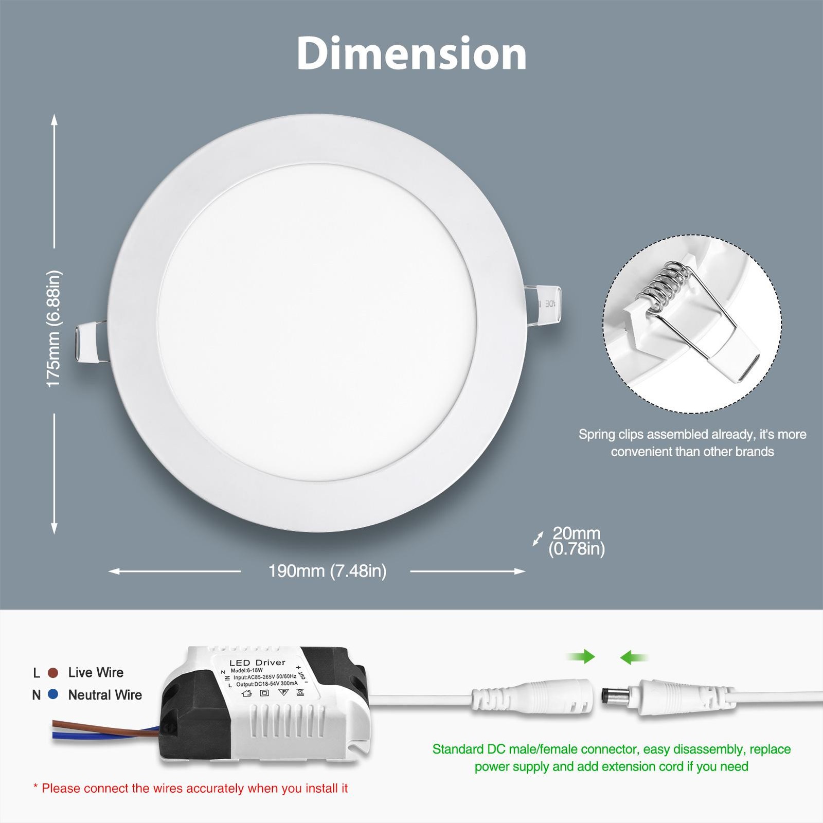 7Inch LED Ceiling Lights Ultra-Thin Recessed Retrofits Kit 6000K Daylight 15W