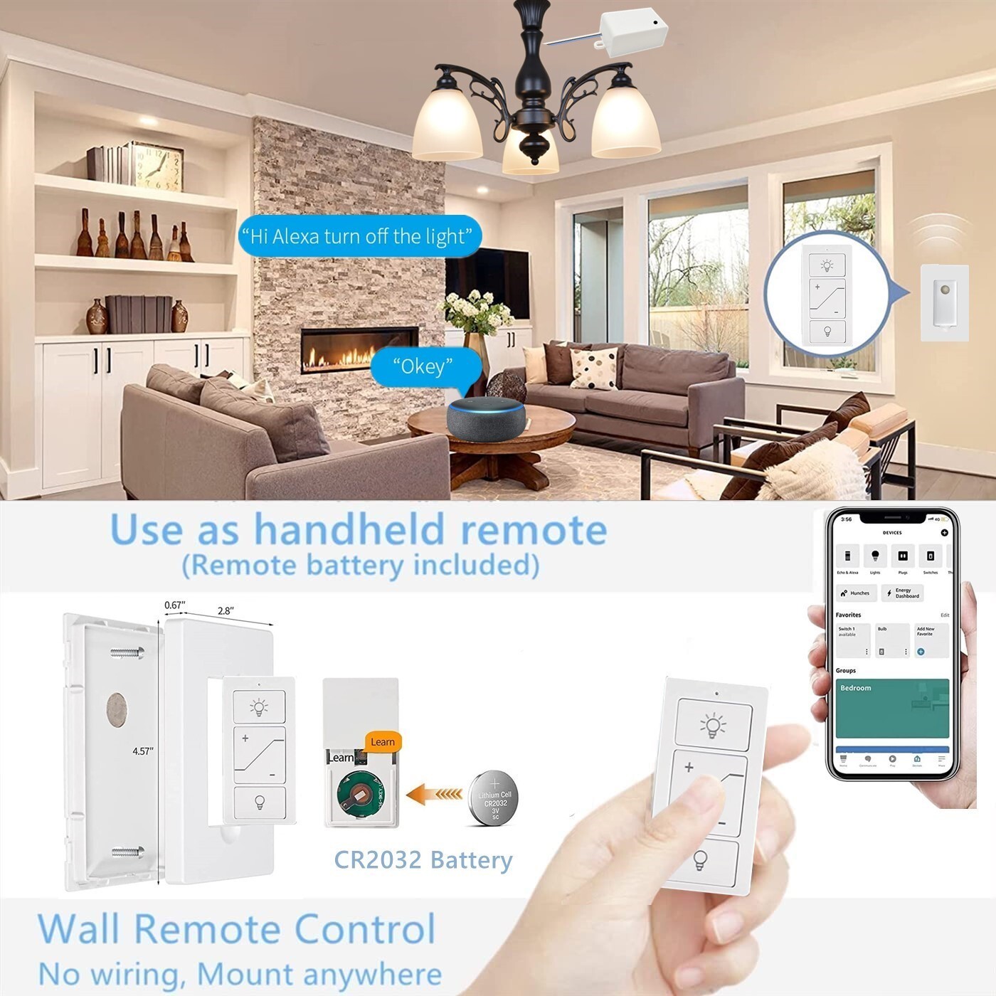 USED Smart Wireless Light Switch and Receiver Kit Dimming No wiring Work Alexa