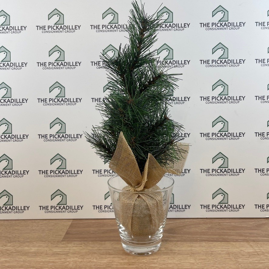 Mini Artificial Pine Tree in Glass Vase Burlap Wrapped Base Rustic Decor 13in