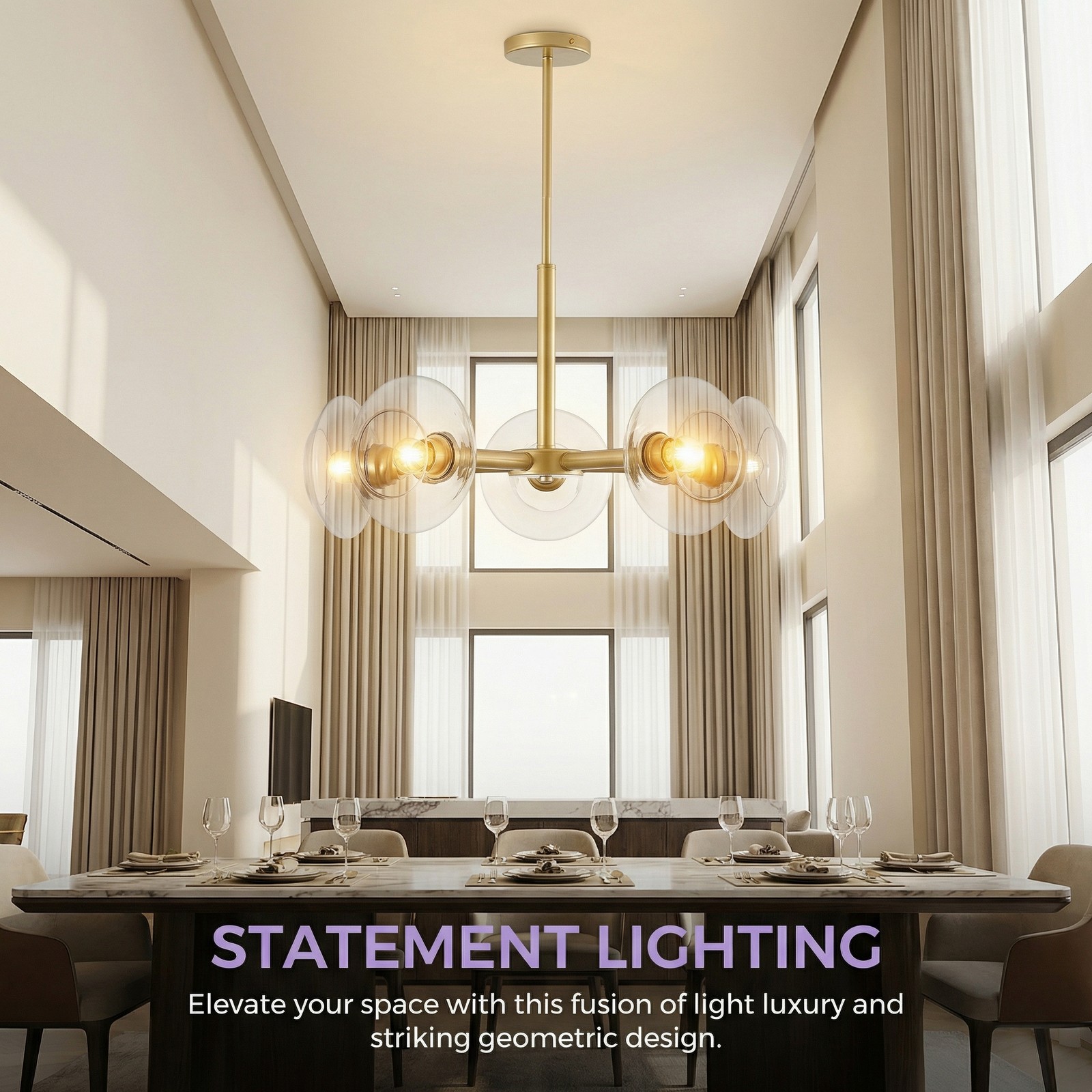 27″ Elegant Pendant Light with Clear Glass Shade Gold Chandelier Modern Fixture