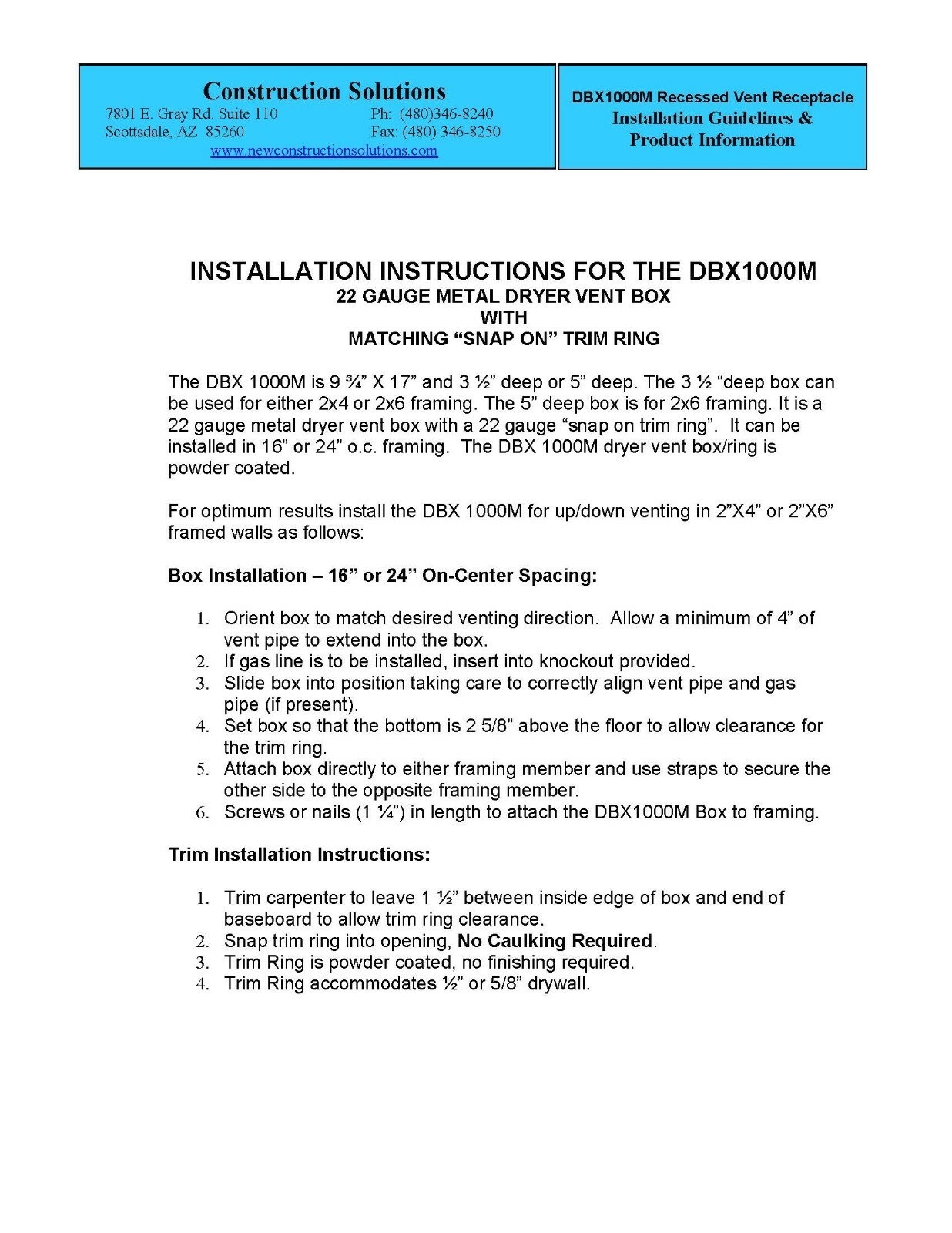 Construction Solutions DBX1000M White Dryer Box Metal w Trim Ring for 2×6 walls