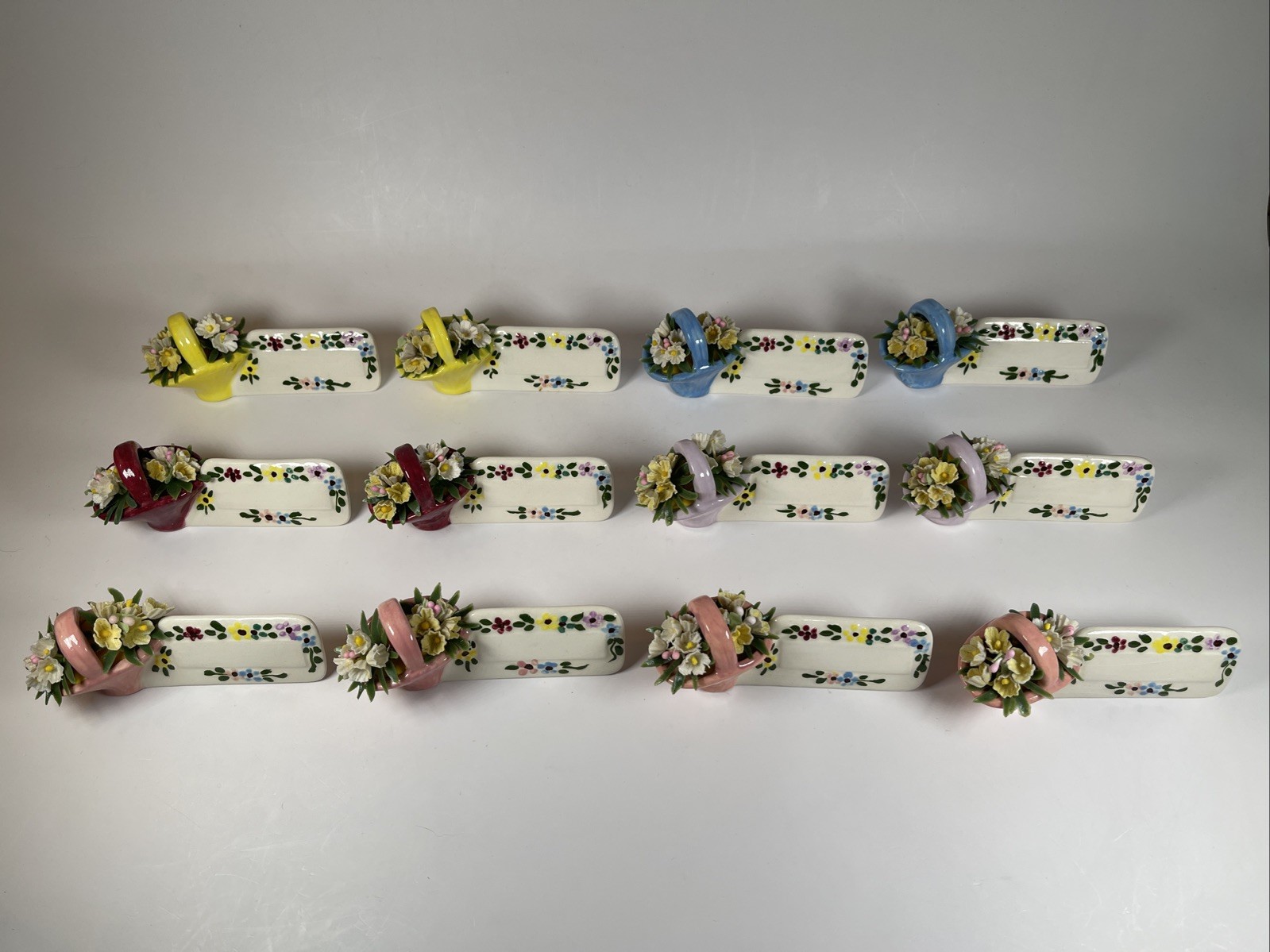 Table Place Settings Seating Marker Set of 12 Flower Baskets White Ceramic