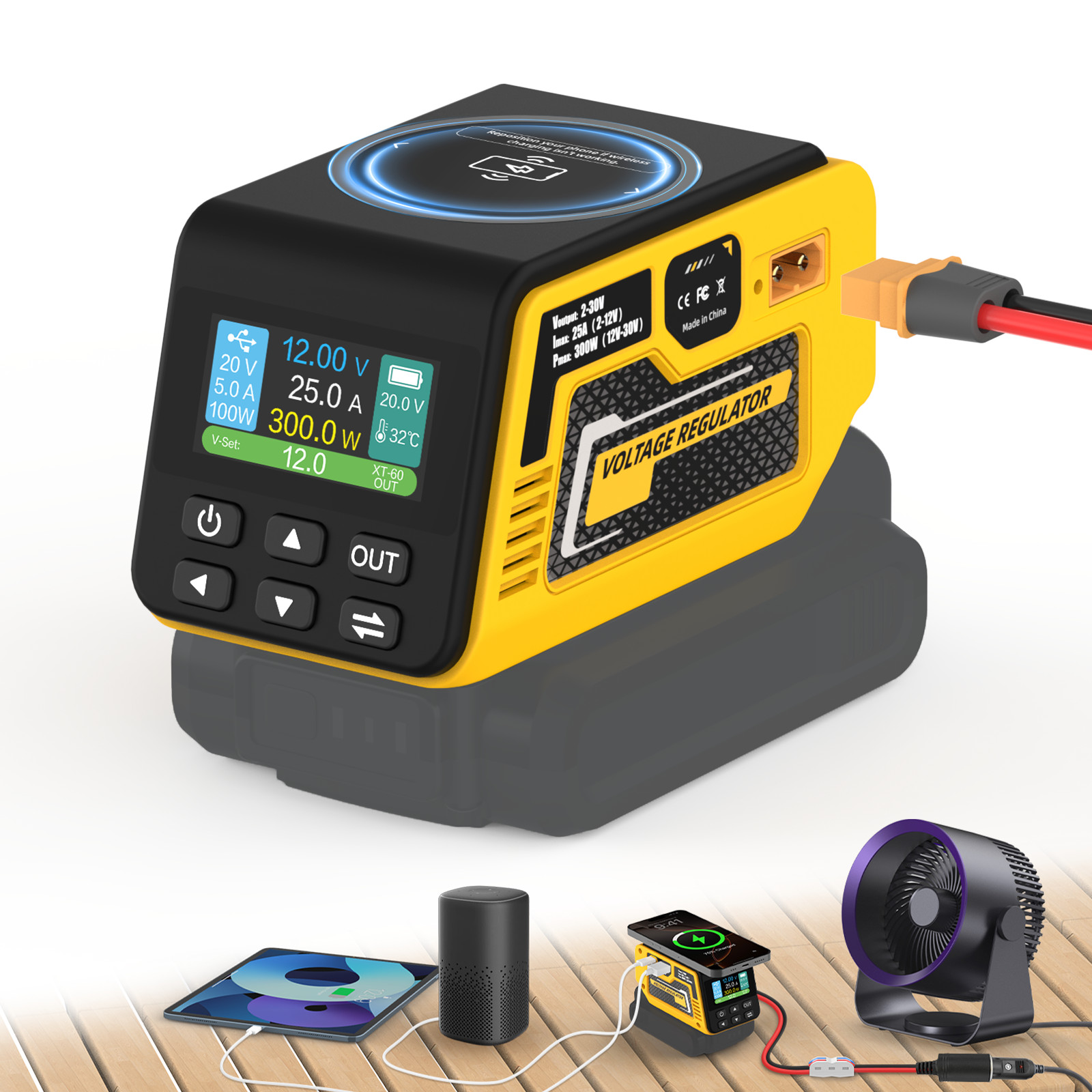 300W power Regulator Compatible with Dewalt 20V Battery,2-30V DC Adjustable